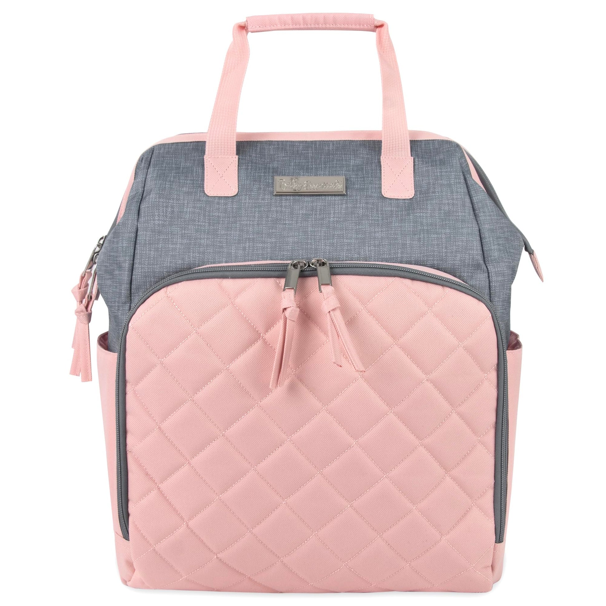 Baby Essentials - Mochila de pañales con marco principal súper enfriadora con cambiador, correas para carriola, compartimento aislado para botellas, Rosado/Gris, Mediano, Mochila para pañales