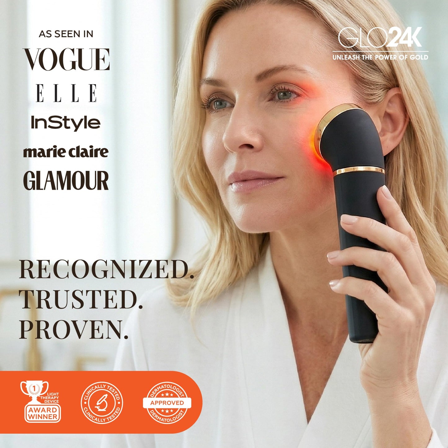 GLO24K - Dispositivo de belleza para rejuvenecimiento de la piel, basado en LED de triple acción, térmica, tecnologías de vibración. Tratamiento antiedad SPA en casa.
