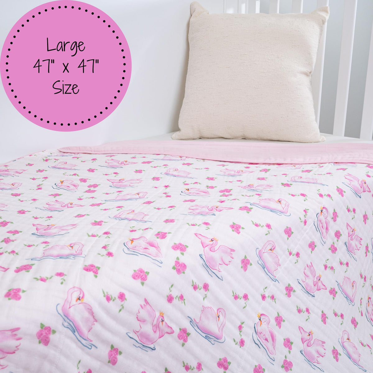 LollyBanks - Colcha de muselina para bebé, 6 capas, 100% algodón, 47 x 47 pulgadas, suave, ligera y transpirable para bebés y niños, manta acogedora para cuna para niñas, registro (estampado de cisne)