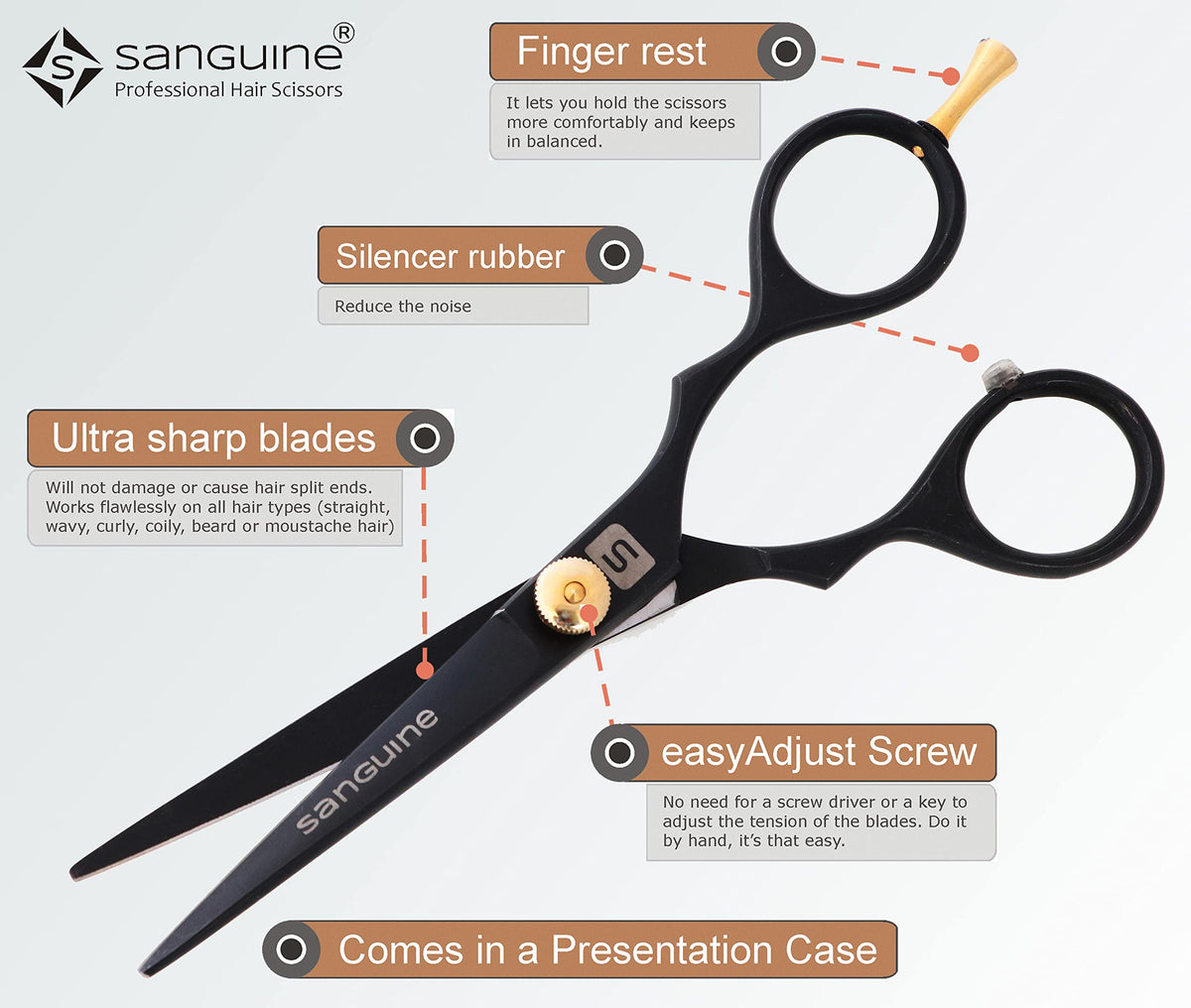 Professional Hairdressing Scissors 5.5 inch, DEEP BLACK + Case by Sanguine