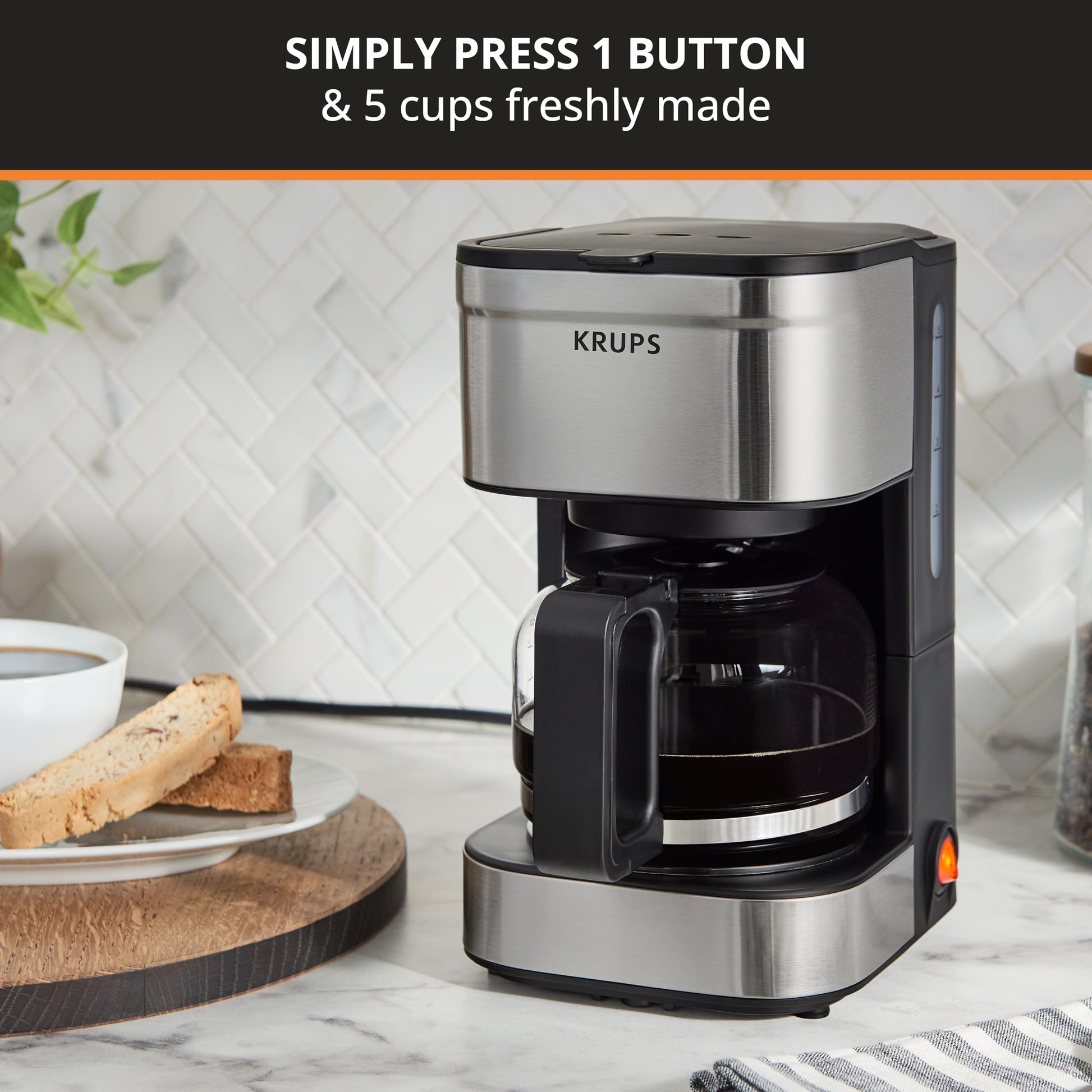 KRUPS Simply Brew - Cafetera compacta de 5 tazas: diseño de acero inoxidable, pausa y prepara, mantiene caliente, filtro reutilizable, jarra sin goteo