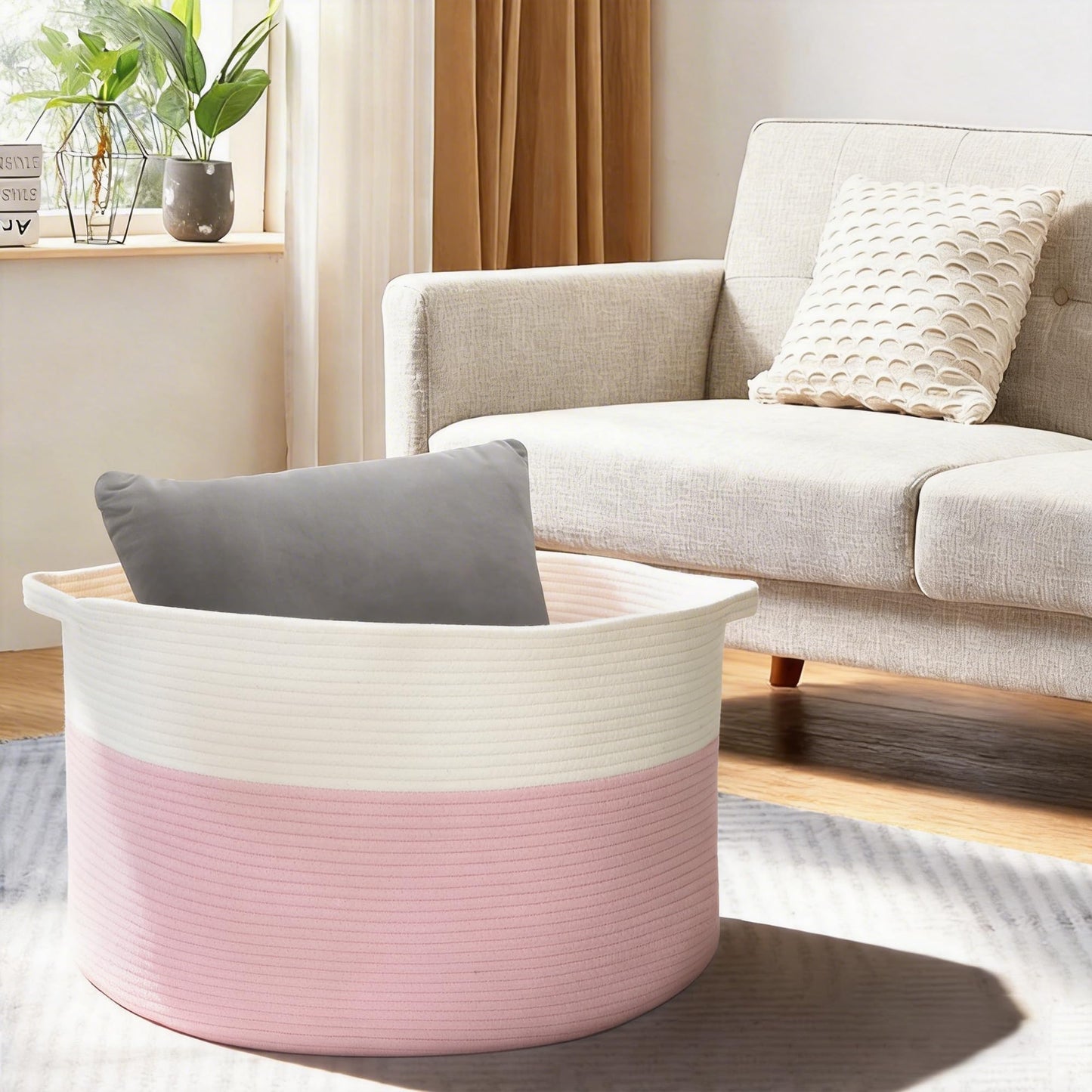 MEGASKET Cestas de almacenamiento rosas para organizar, 22 x 22 x 14 pulgadas, cesta de manta XXXL para sala de estar, cesta de juguetes grande, cestas tejidas de cuerda de algodón rosa suave para almacenamiento, cestas decorativas para guardería