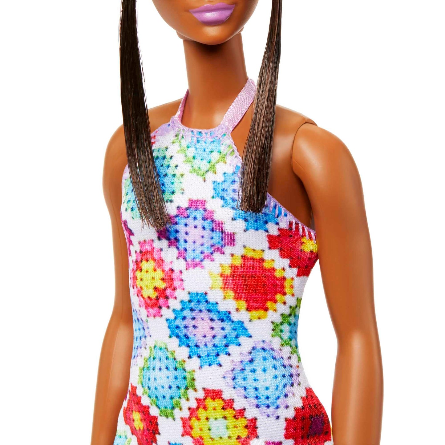 Barbie, Fashionista, Muñeca con Vestido Blanco con Rombos, para Niñas de 3 Años en Adelante, Mattel