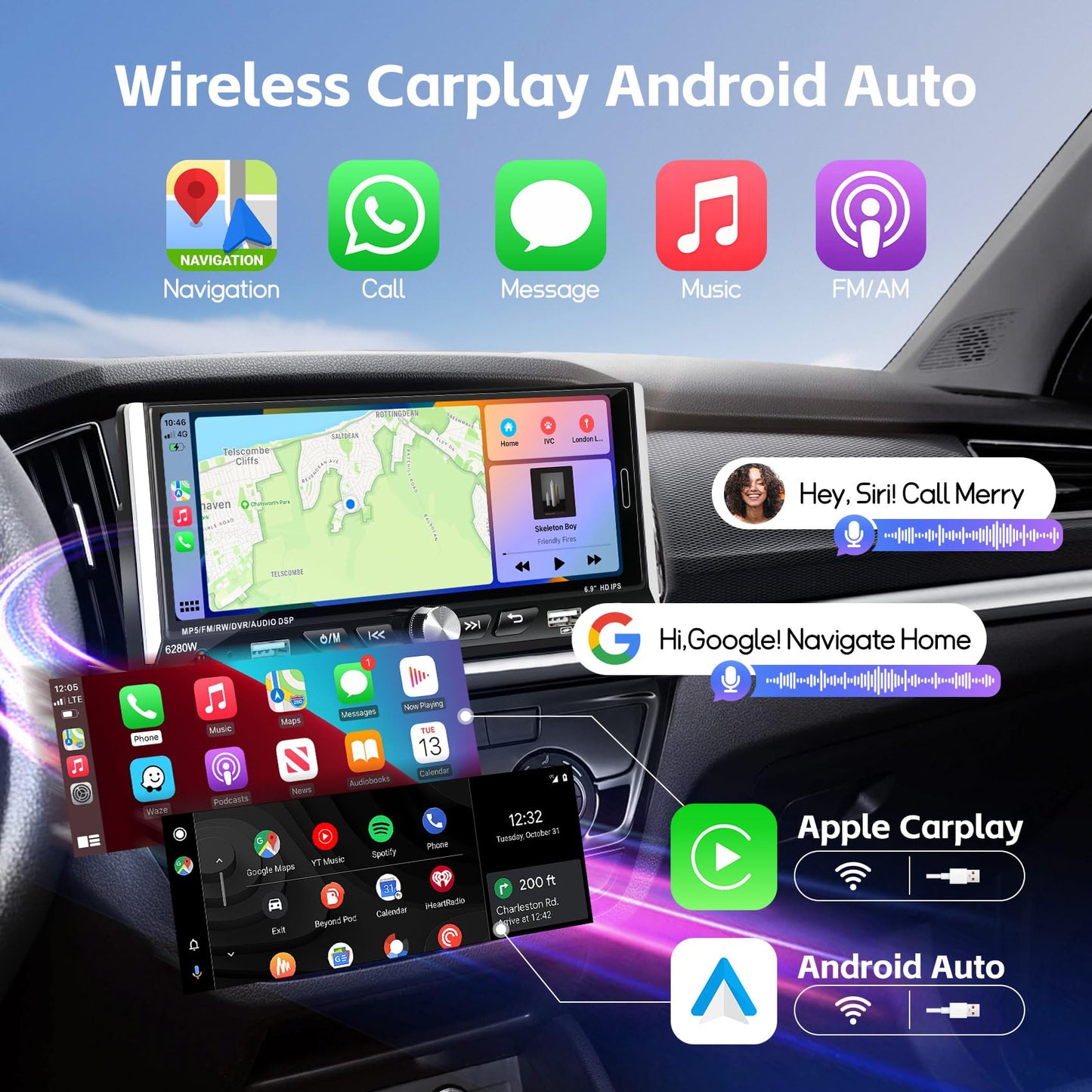 Sobalai Estéreo de Coche de un Solo DIN con Carplay & Android Auto