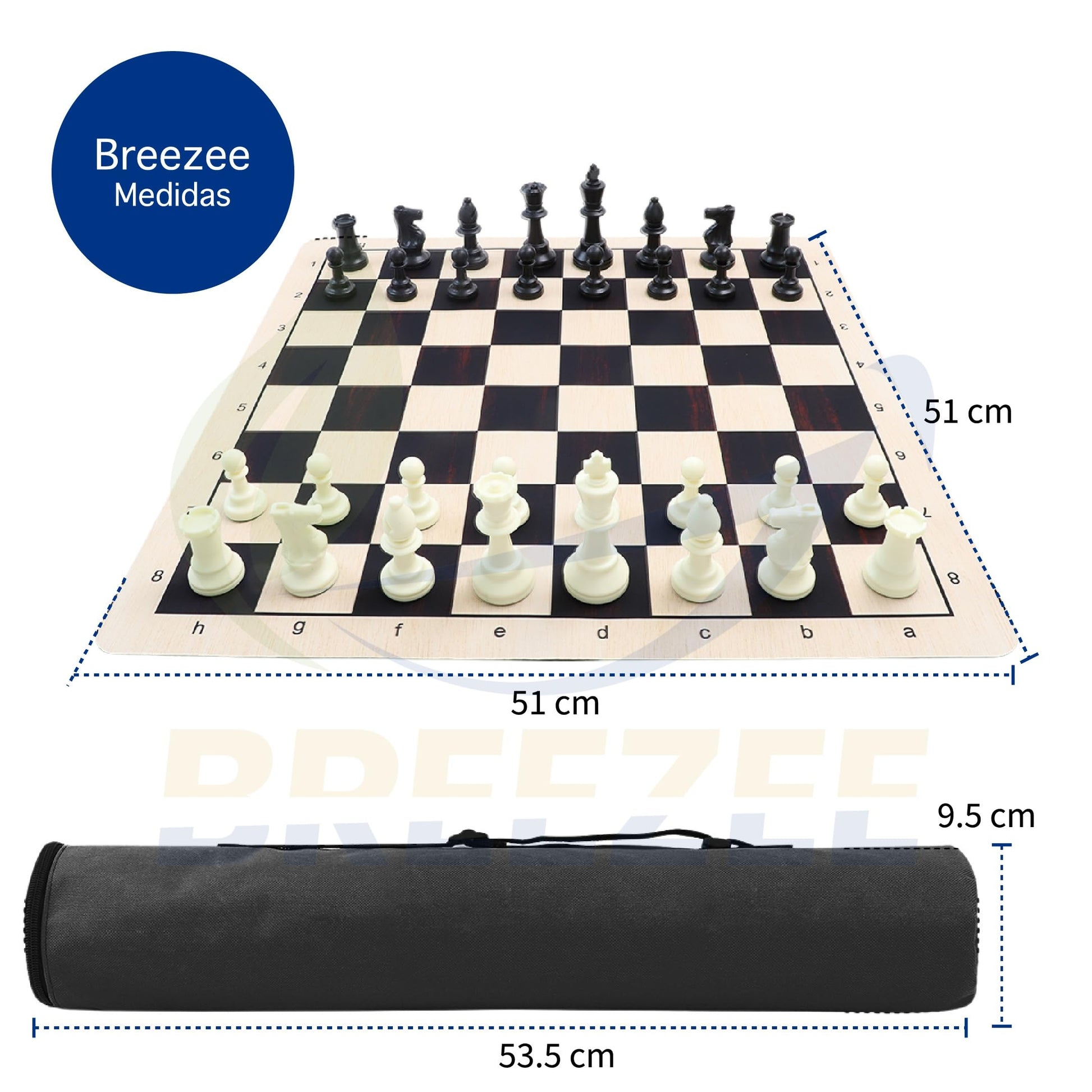 BREEZEE Juego de Ajedrez Profesional, Portátil Enrollable, 51x51 cm Tipo Mousepad Espesor 2 mm, 2 Reinas Extra y Bolsa de Viaje, Ajedrez Profesional con Piezas Pesadas para Torneo, Juegos de Mesa