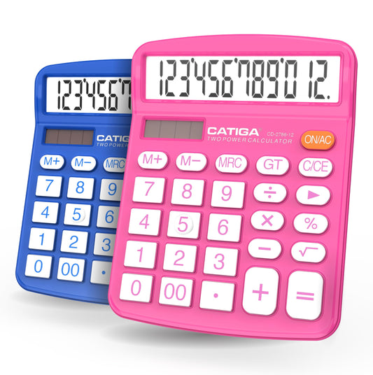 Calculadora CATIGA Negro 12 Dígitos LCD Grande Energía Solar Batería Dual para Oficina Hogar Escuela