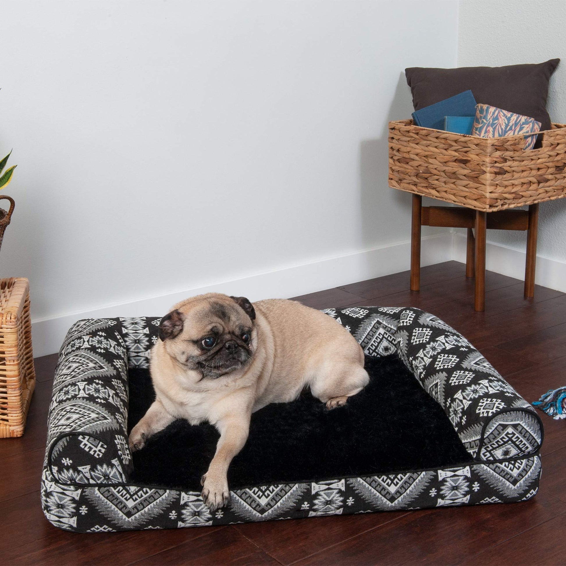 Furhaven Medium Orthopedic Dog Bed Plush & Southwest Kilim Decor Sofa-Style w/Removable Washable Cover - Black Medallion, Medium