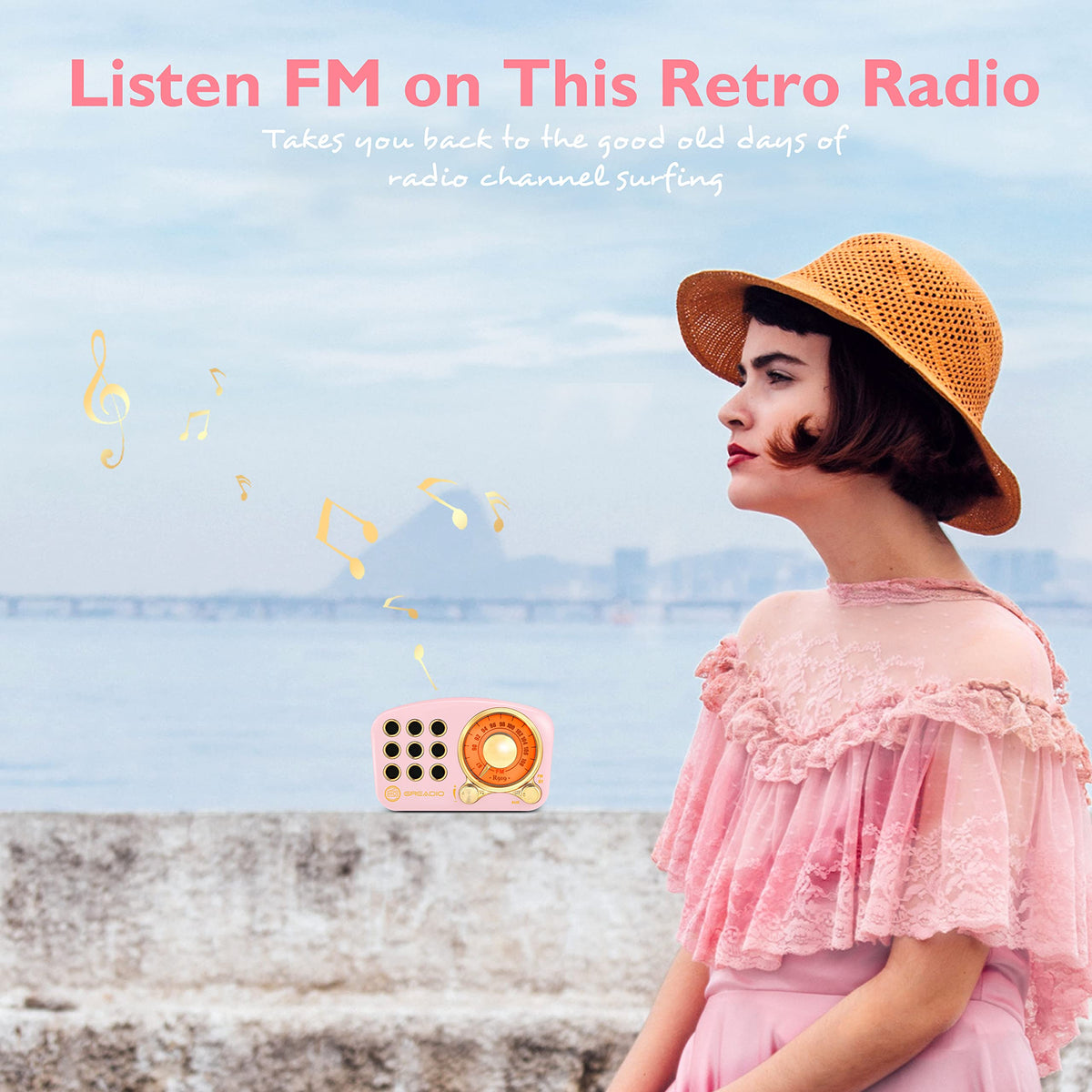 Altavoz Bluetooth Retro Greadio Rosa con Radio FM y Mejora de Graves