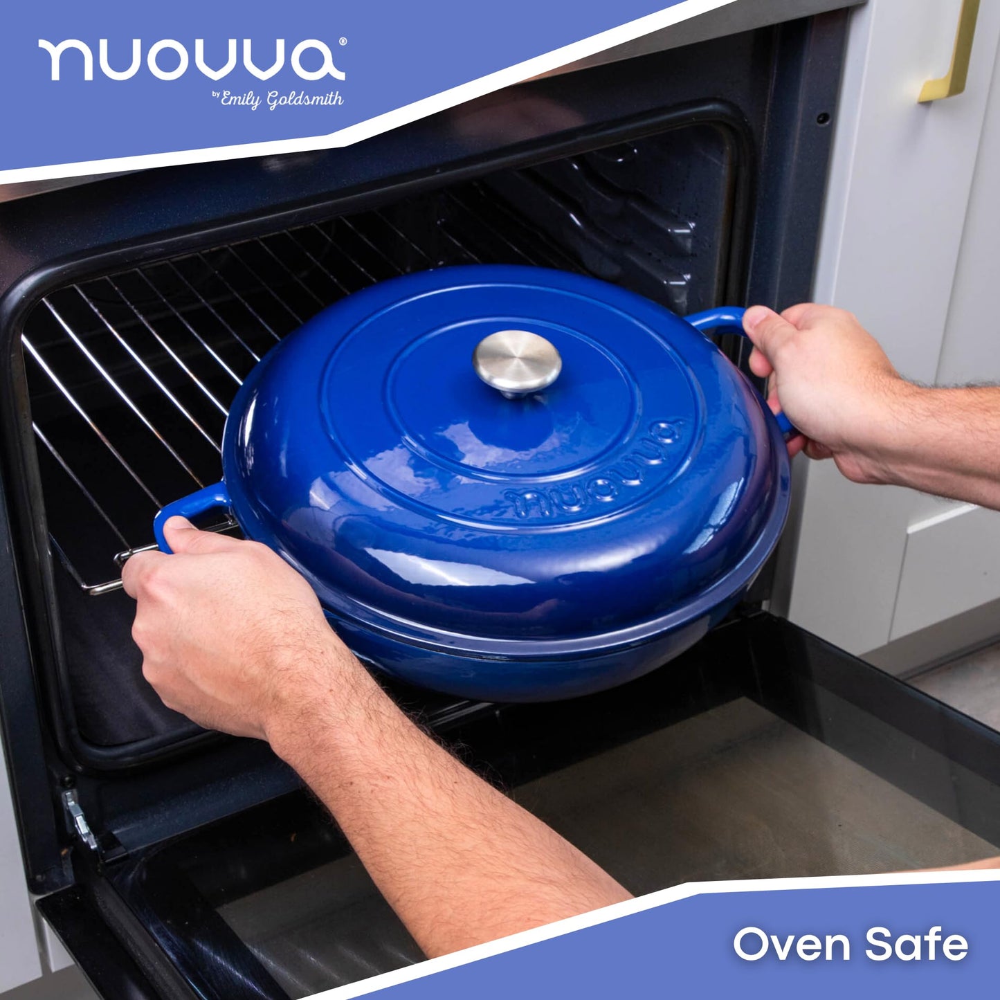 Nuovva - Cacerola de hierro fundido poco profunda con tapa, olla antiadherente para horno holandés, utensilios de cocina resistentes a prueba de horno, olla esmaltada, color azul oscuro, 5 cuartos de galón, 32 cm