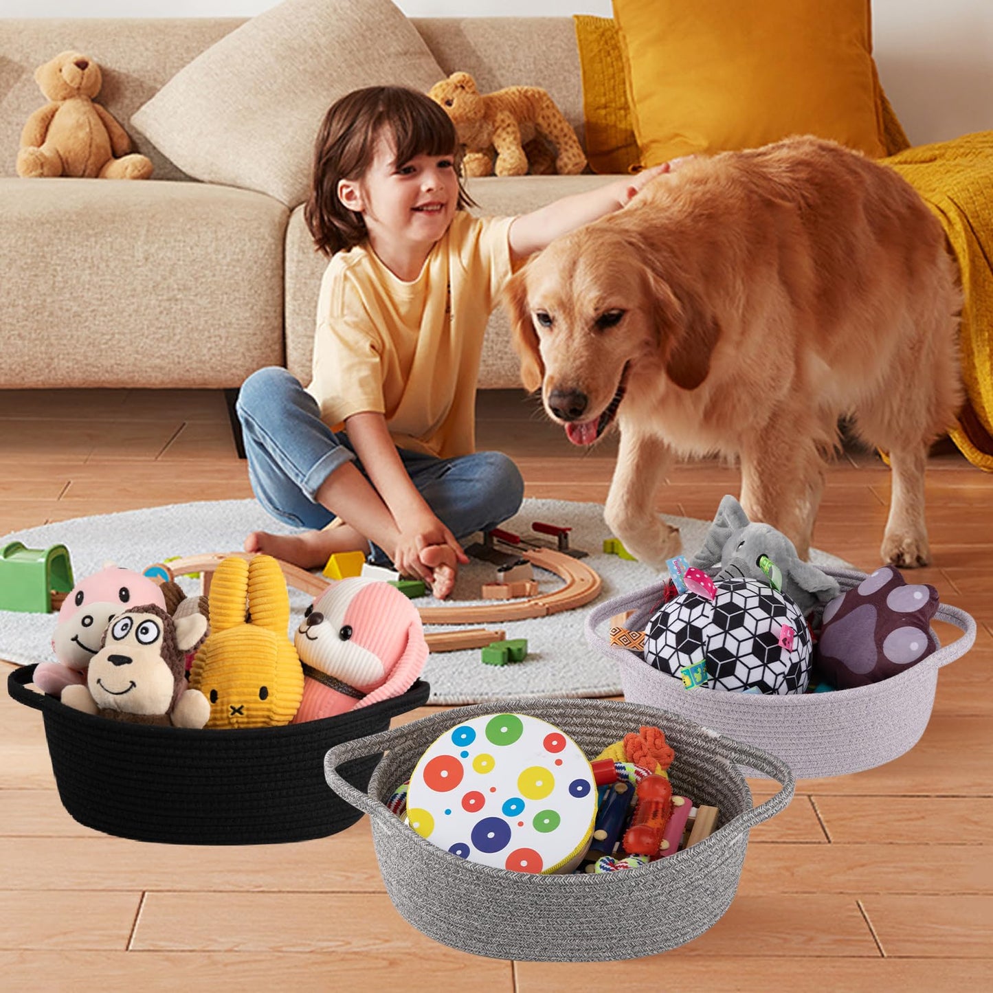 OIAHOMY - Cesta de regalo con asa, cesta tejida de 13.4 x 10 x 5.5 pulgadas, con bolsa de regalo, cinta y papel de seda, contenedores vacíos para llenar con toallas, bebé, organizador de juguetes para