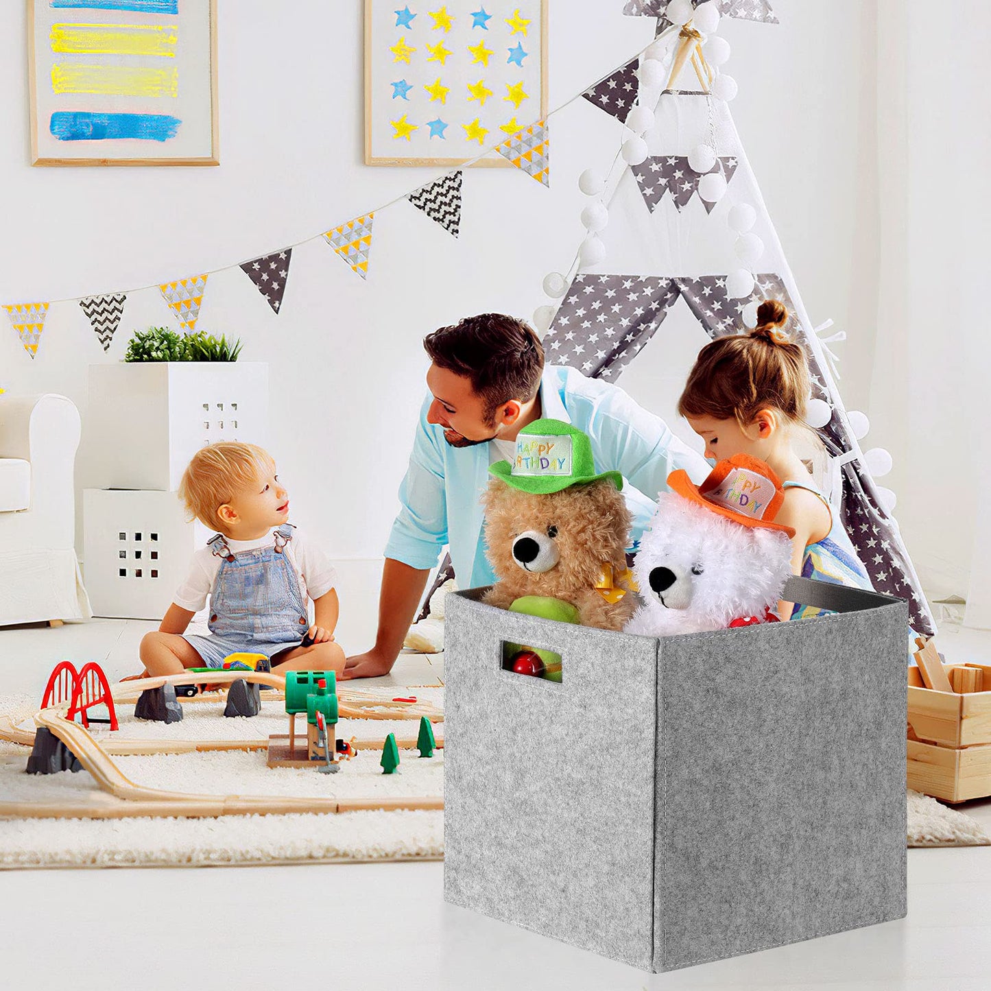 childishness ndup Felt Storage Cubes 12" x 12", 3 Packs, Collapsible Storage Bins with Dual Handles, Organizer Baskets for Home Bedroom, Nursery Closet Organizers (Light Grey)
