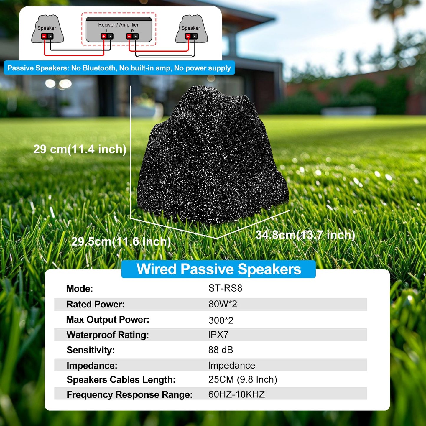 STUDIOFINIX - Altavoces de roca para exteriores, impermeables, 600 W, 8 pulgadas, timbre superior, IPX7, diseño resistente a la intemperie, para jardín, patio, piscina, cubierta, barbacoa (par)