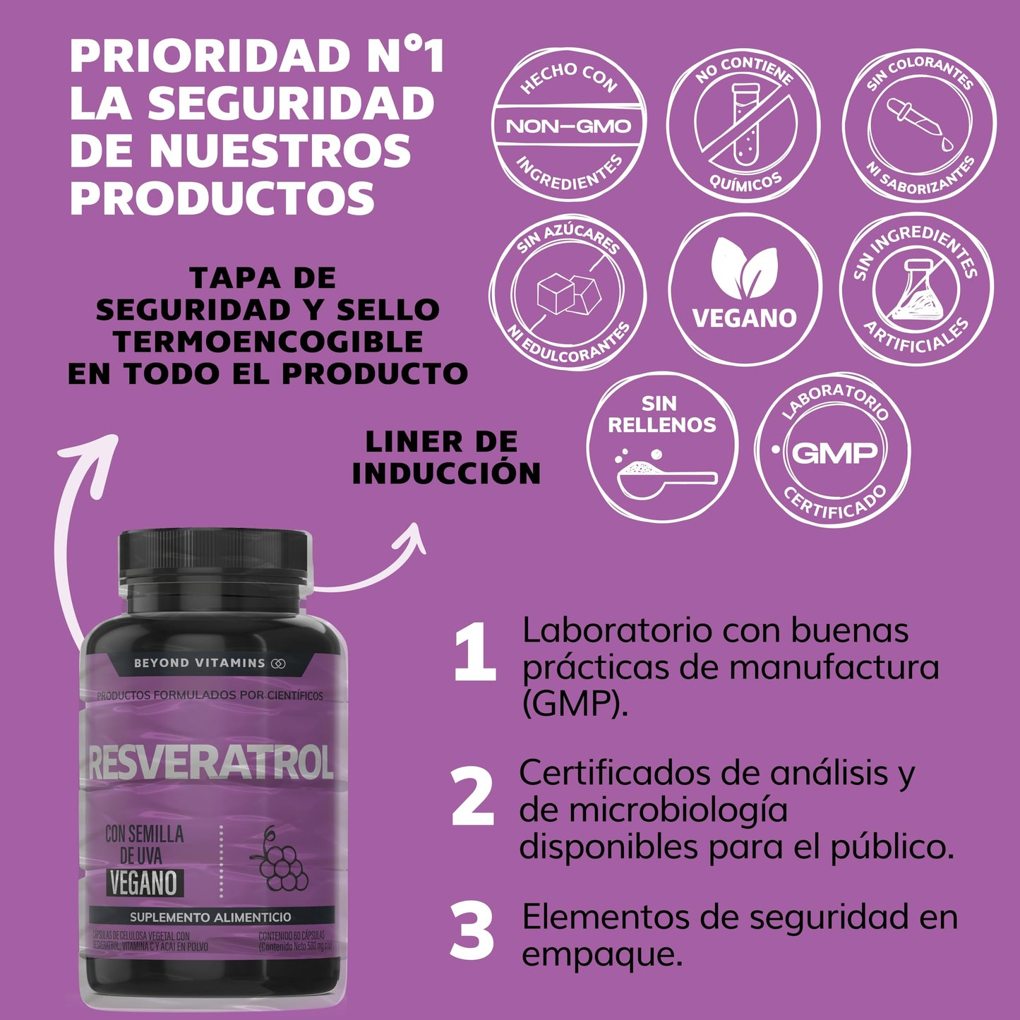 Suplemento de Trans-Resveratrol con Pimienta Negra y Vitamina C 100% Vegano