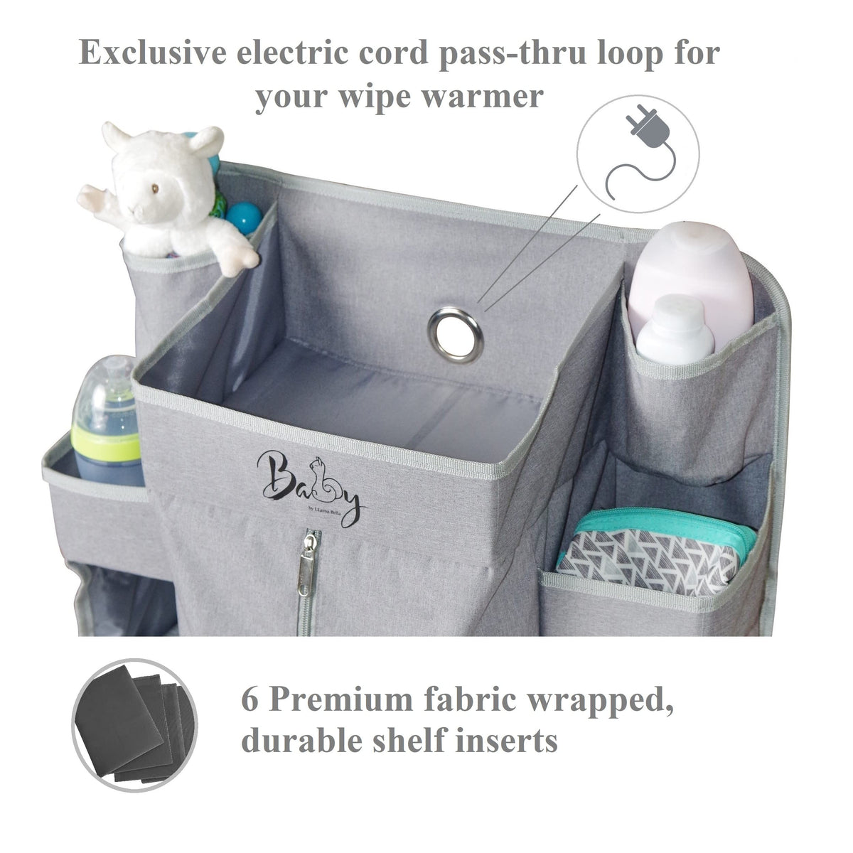 Premium Nursery Organiser and Baby Nappy Caddy Hanging Nappy Organiser for Baby Essentials Hang on Crib, Changing Table, Playard or Furniture Portable Storage for Wipes (Grey)