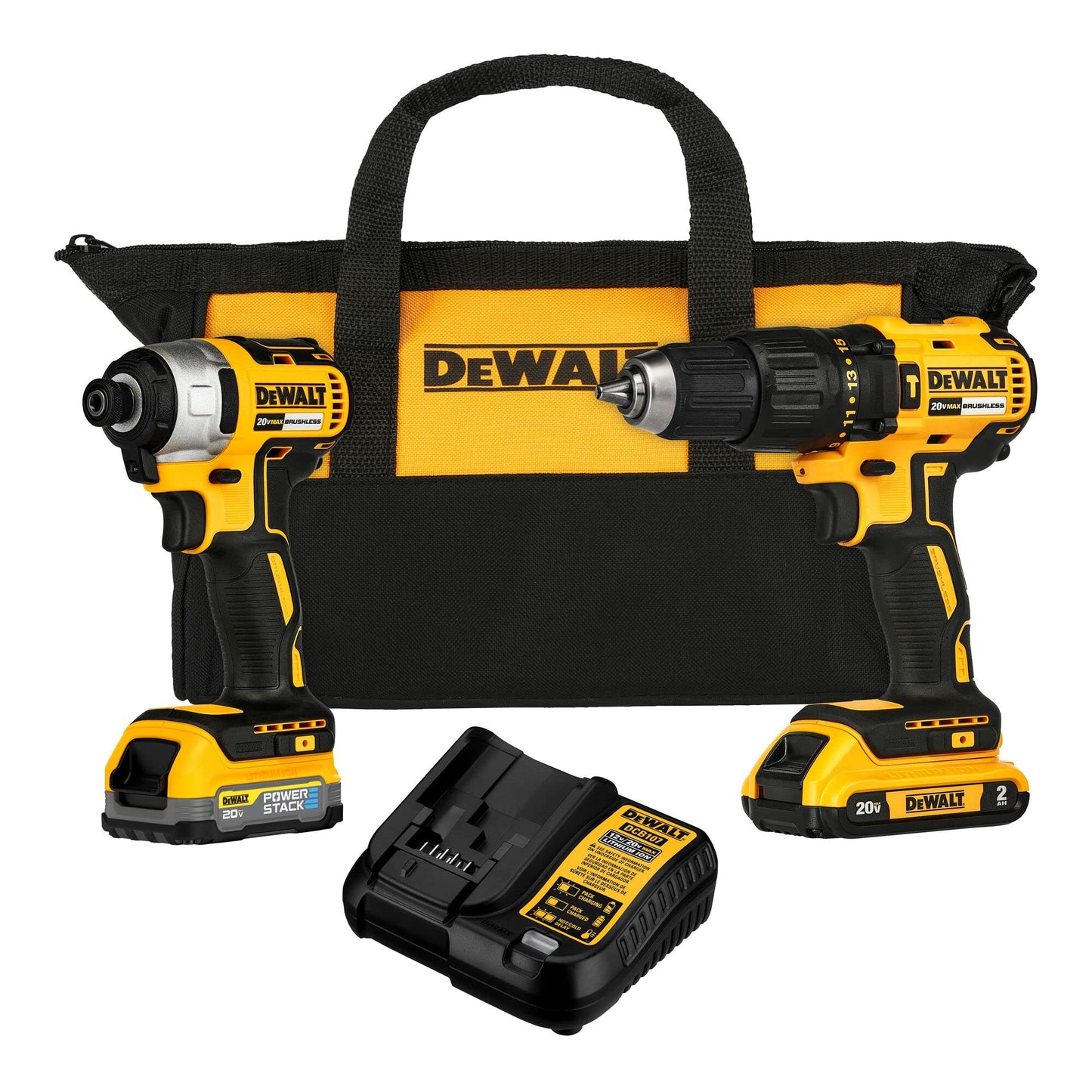DEWALT Kit Taladro/Atornillador de 1/2 Pulgadas (13mm) y Atornillador de Impacto de 1/4 Pulgadas (6.35mm) 20V MAX* POWERSTACK DCK276D1E1