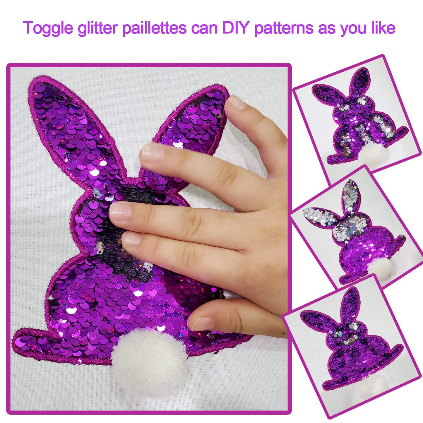 Poptrend Bolsas de cesta de Pascua, huevos de Pascua/cestas de regalo para niños, bolsa de conejo para huevos de Pascua, juguetes, caramelos, regalos (paillette morado)