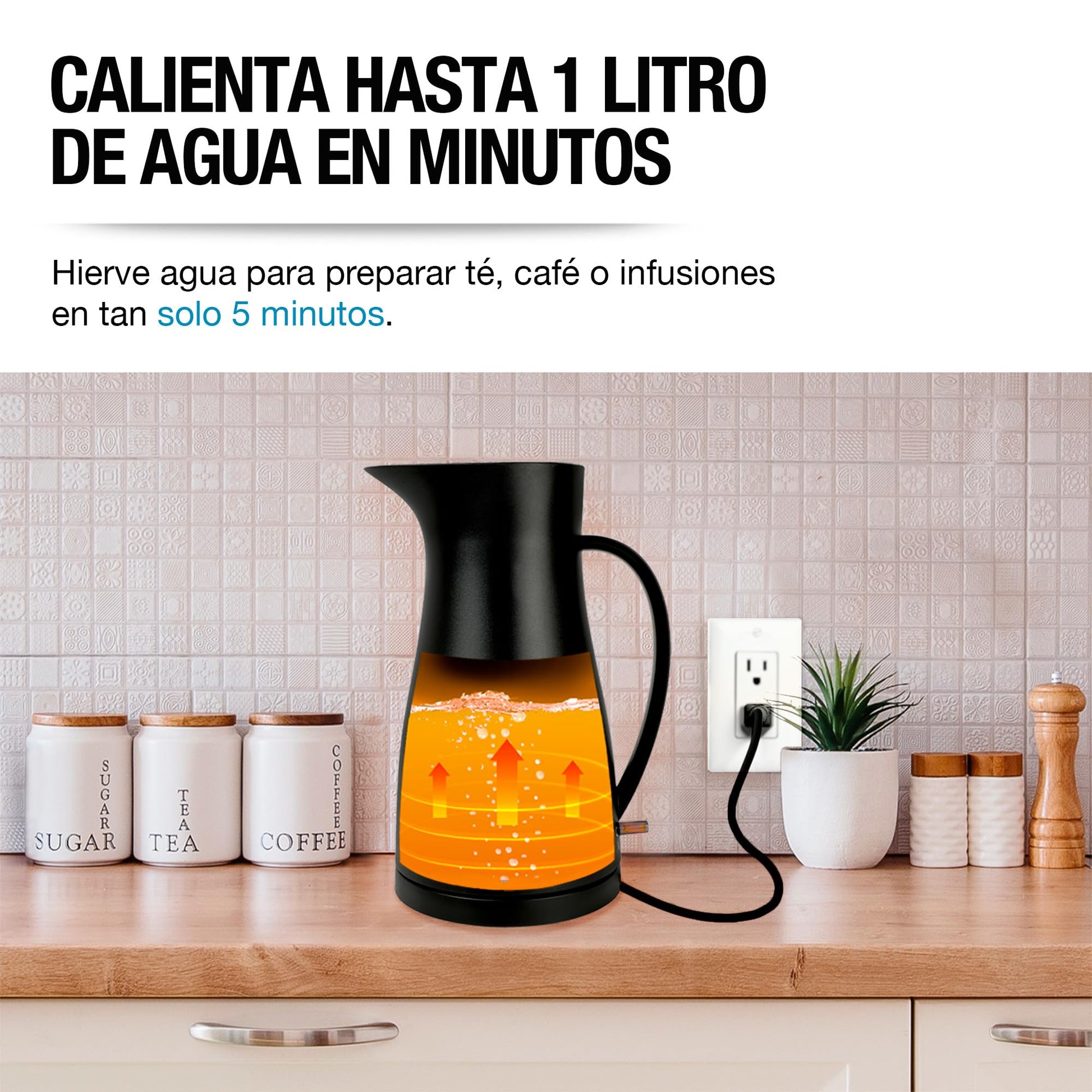 CASA LITUS Tetera Eléctrica Interior de Acero Inoxidable (1 L.), Jarra para Hervir Agua de Diseño Innovador, Hierve Agua en Menos de 5 Minutos, Sistema de Apagado Automático y Luz LED, para Café o Té