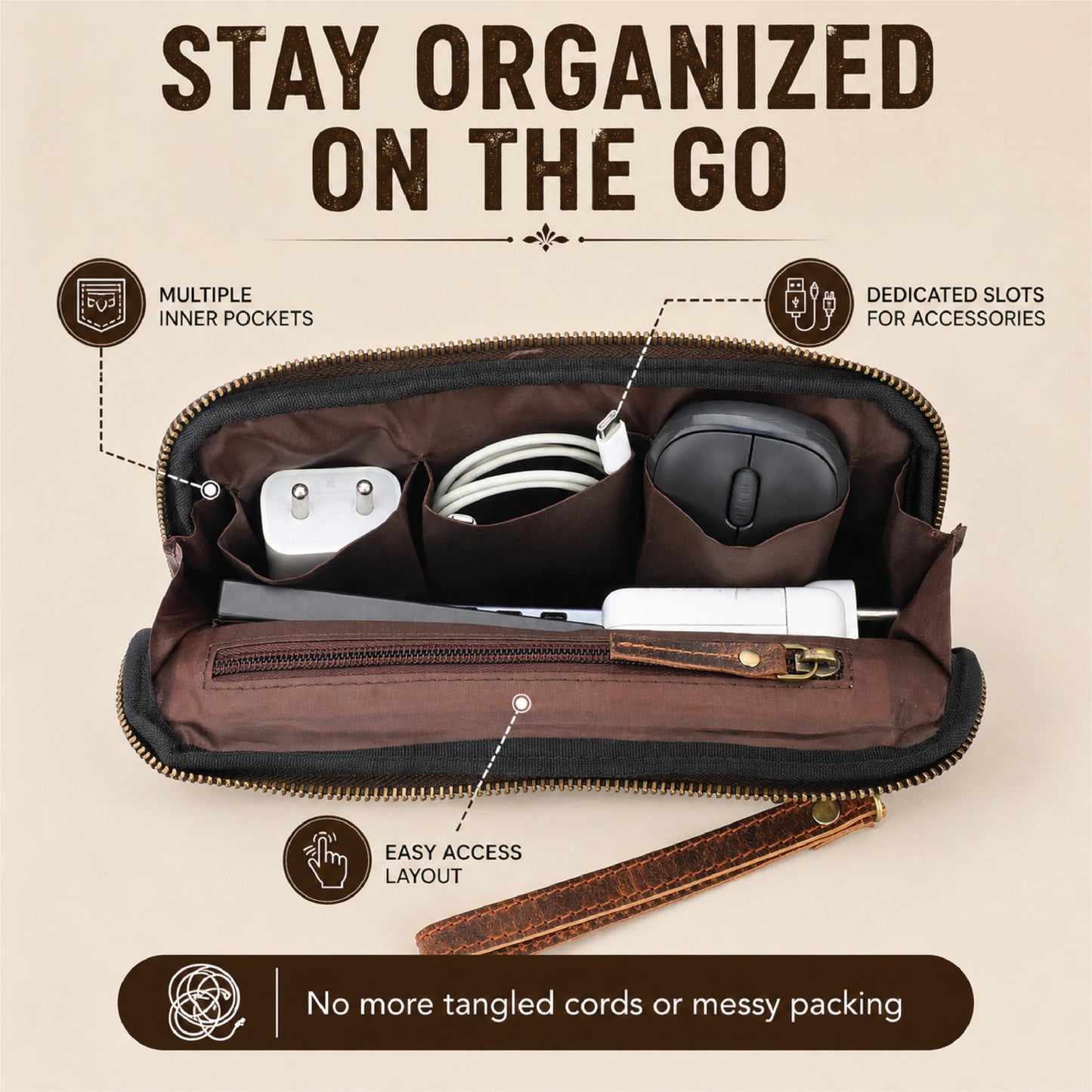 TheAntiq - Bolsa de maquillaje de piel auténtica, organizador de viaje, bolsa de cosméticos hecha a mano, con cierre y correa para la muñeca, Bolsa de maquillaje de viaje café, Estándar