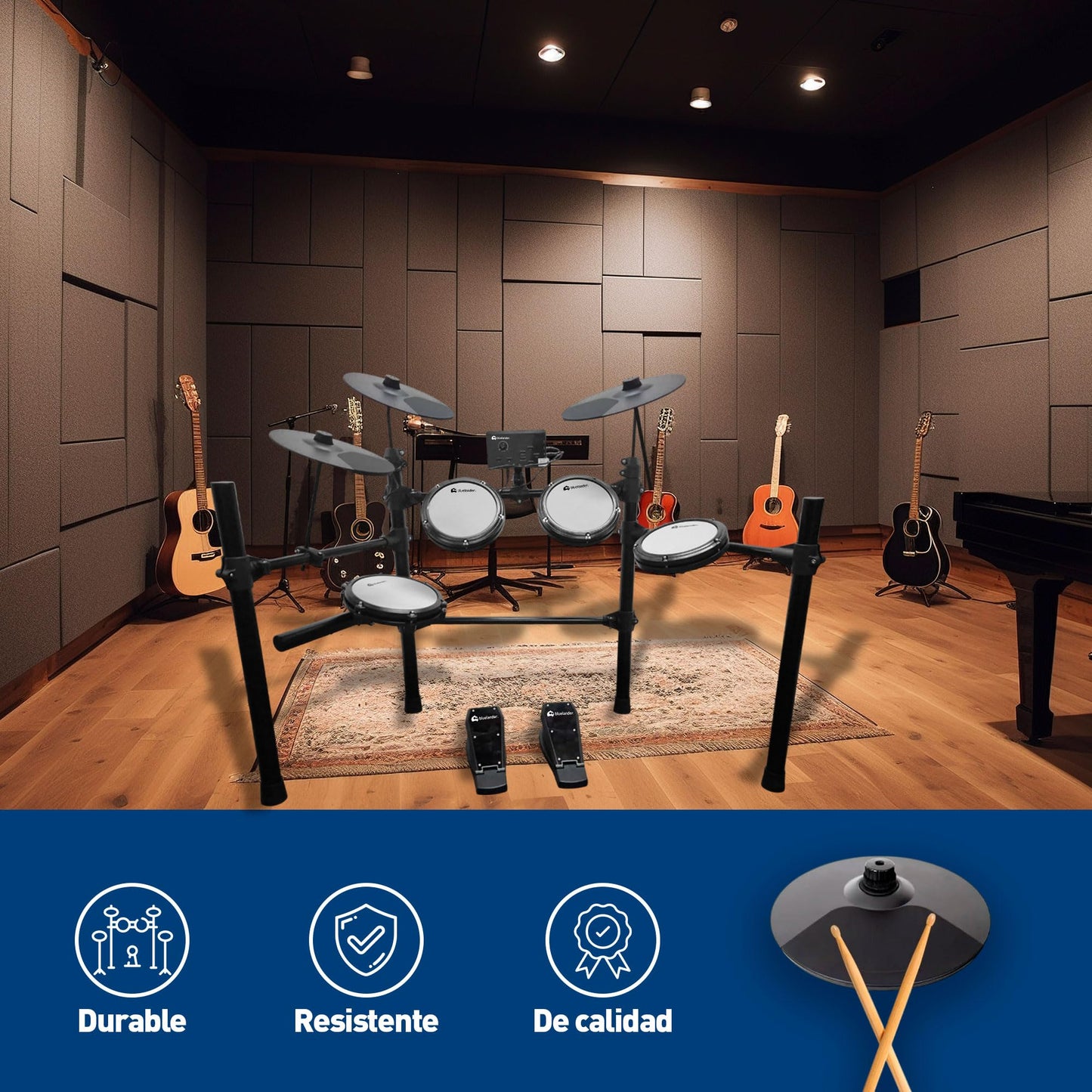 Bluelander Batería Musical 93*120 cm, Bateria Electrica 13 Pzas, 3 Platillos, 3 Tom, 2 Pedales, Tarola, Módulo de Sonido, Par de Baquetas y Banco, Batería Electrónica, Ideal para Niños y Principiantes
