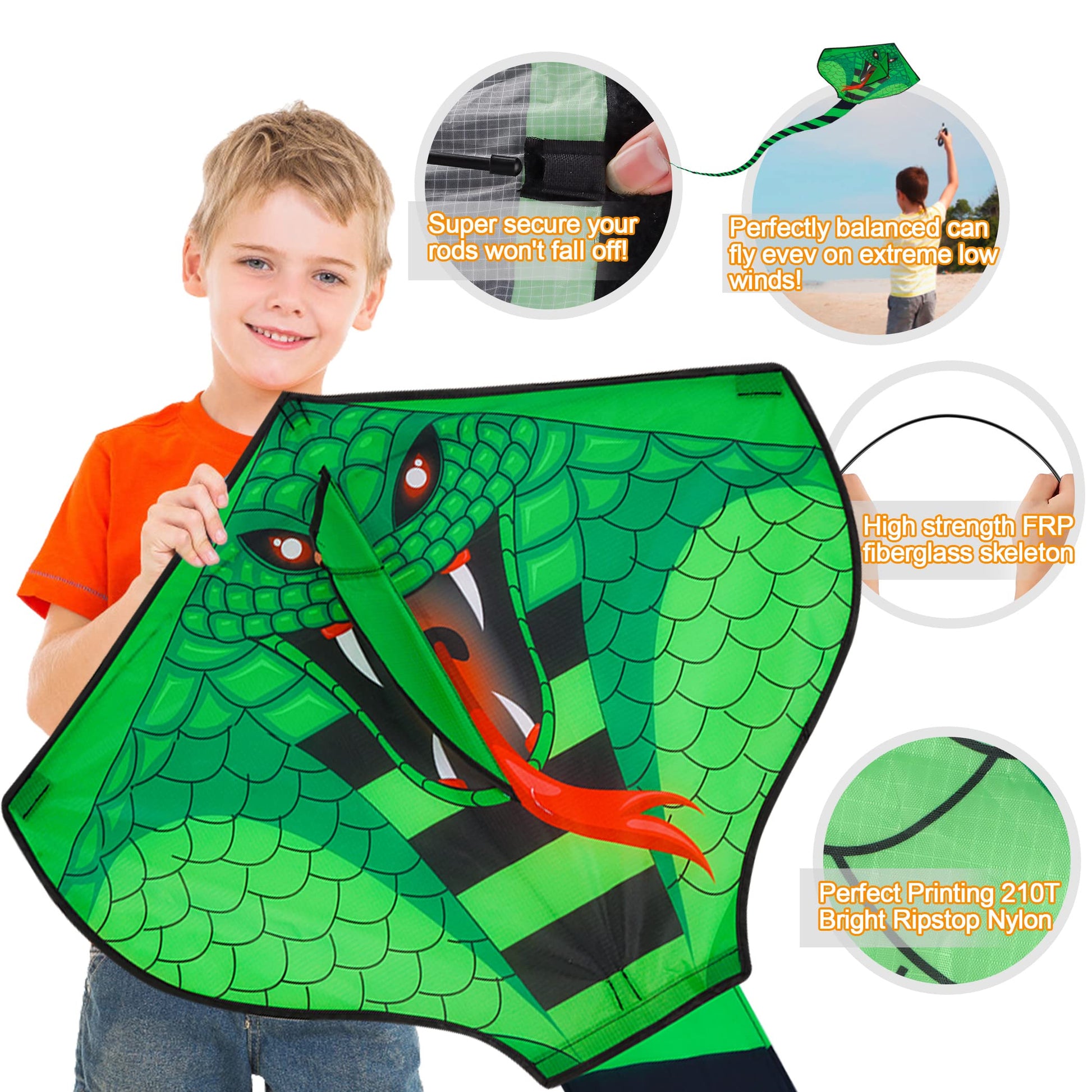Crogift- Paquete de 4 Cometas: Cometa de dragón de Fuego Grande, Cometa de Serpiente Verde, Cometa de pez Diablo, molusco Rojo, Pulpo con LON