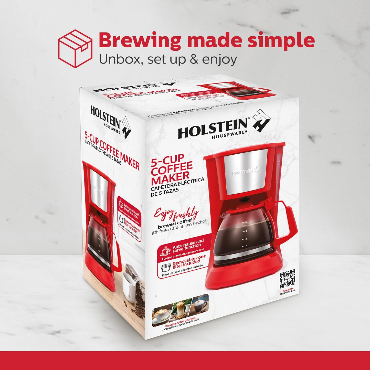 Cafetera de Goteo Holstein Housewares Roja con Filtro Permanente y Jarra de Vidrio para 5 Tazas