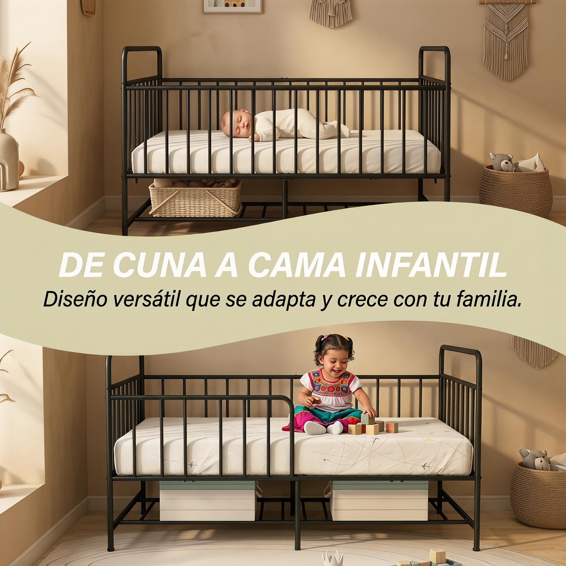 Uzelia Cuna Convertible para Bebé 4 en 1, Cuna para Bebé de Metal con Barandales de Seguridad, Cama Infantil, Daybed y Sofá para Niños, Estructura Resistente con Almacenamiento Inferior, Negro