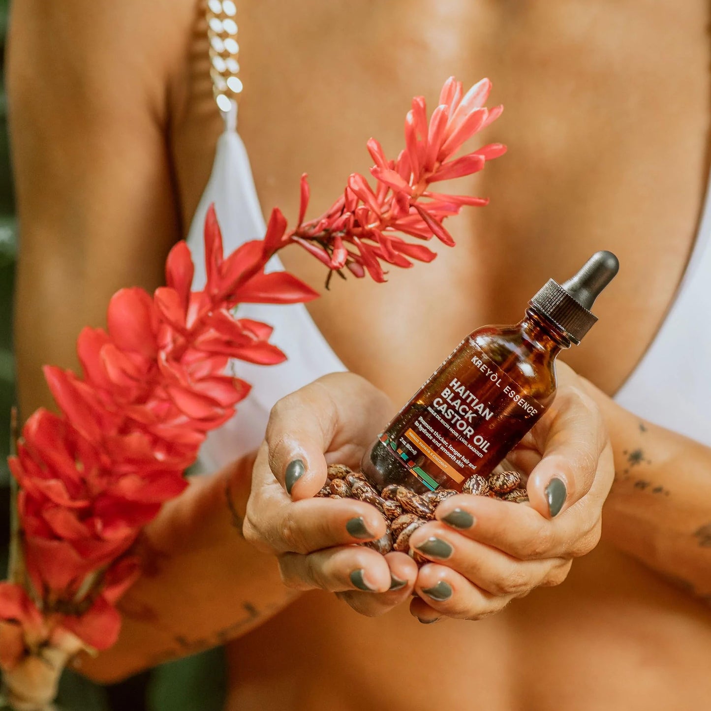 Kreyol Essence - Mango Papaya and Coconut Haitian Black Castor Oil for Skin and Hair, 2 Oz - Omega Fatty Acids (3,6,9) and, Skin, Hair and Body, Hair Growth, Thicker Brows.