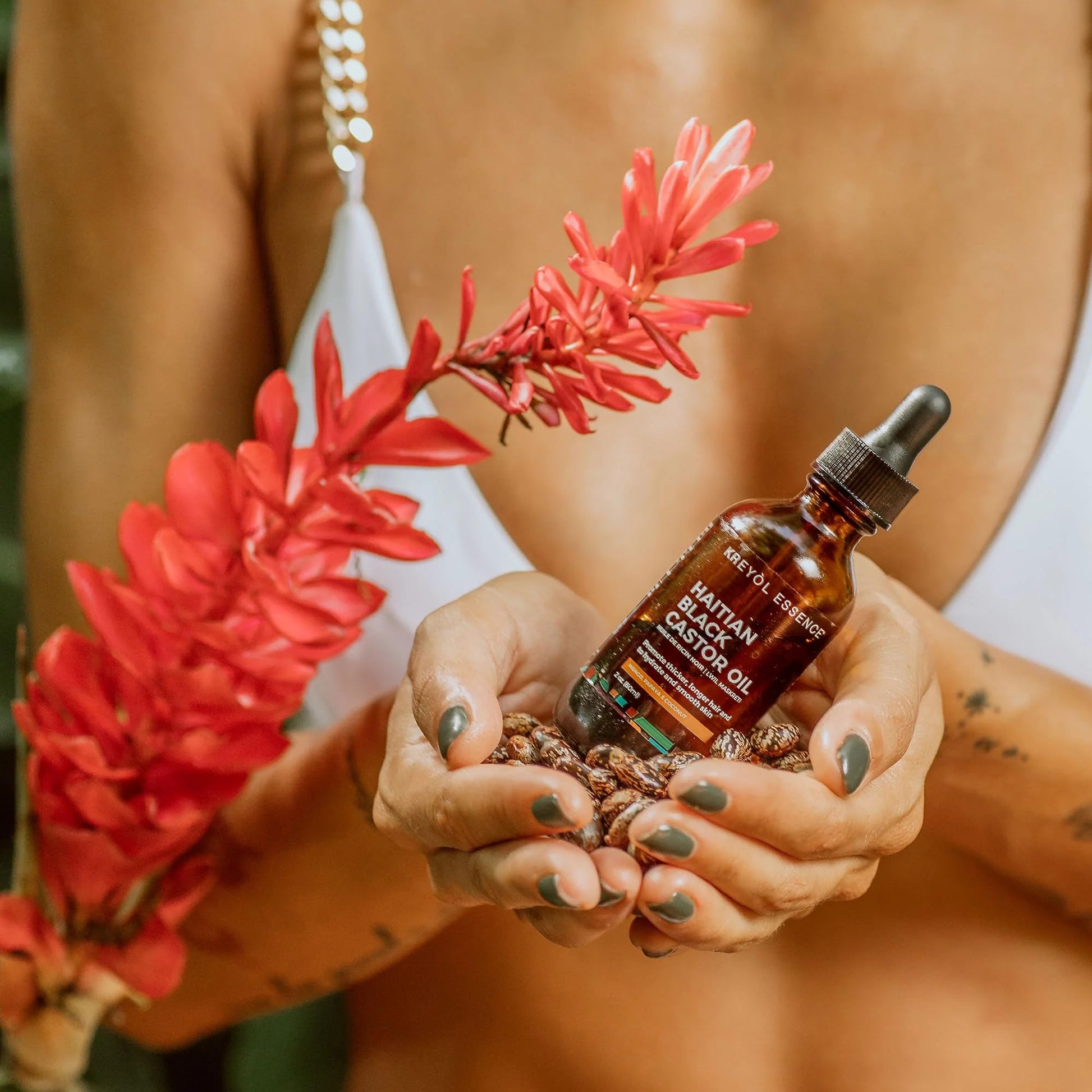 Kreyol Essence - Mango Papaya and Coconut Haitian Black Castor Oil for Skin and Hair, 2 Oz - Omega Fatty Acids (3,6,9) and, Skin, Hair and Body, Hair Growth, Thicker Brows.