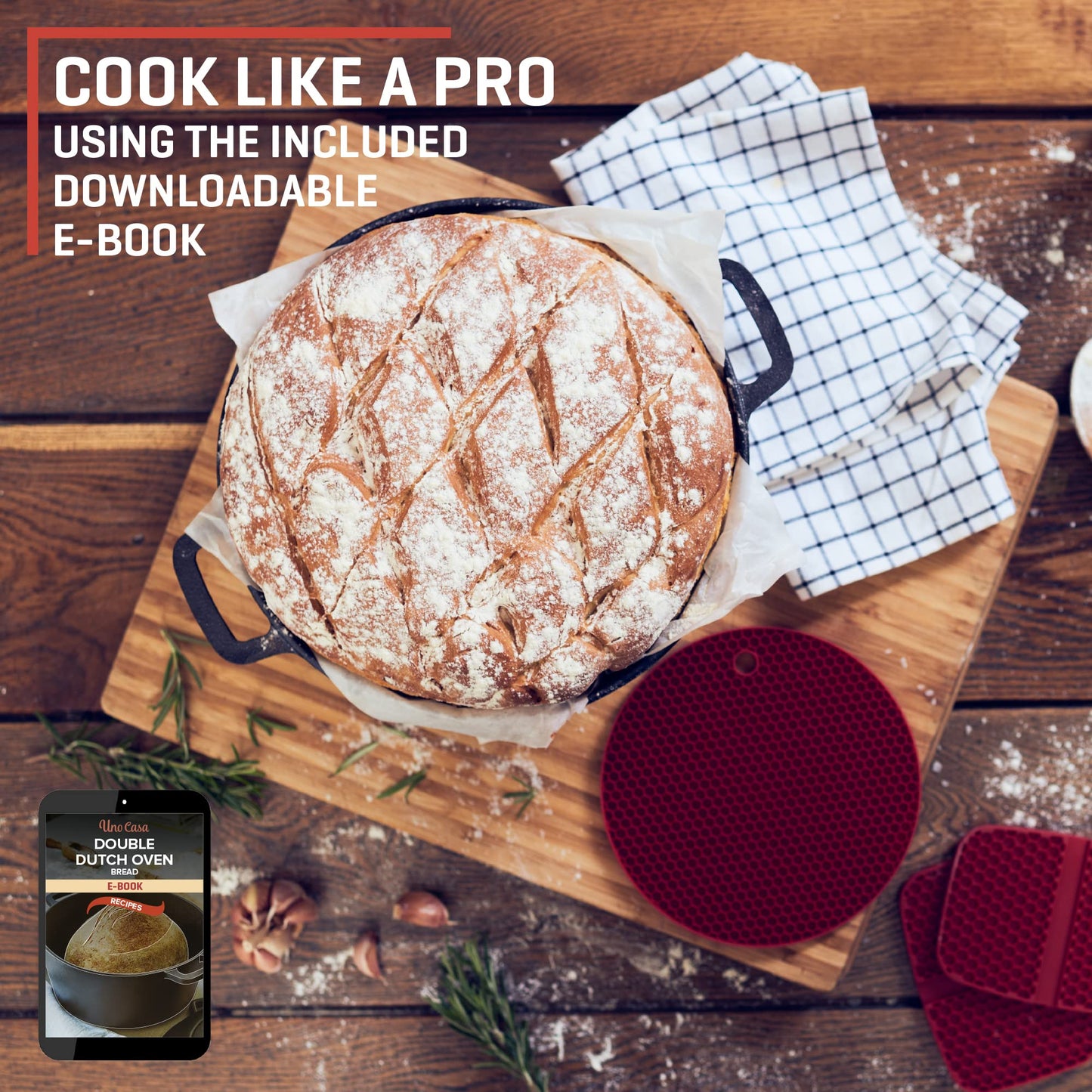 Uno Casa Olla holandesa de hierro fundido con tapa - Juego de cocina 2 en 1 presazonado con olla de 4,7 litros y sartén de 1,5 litros