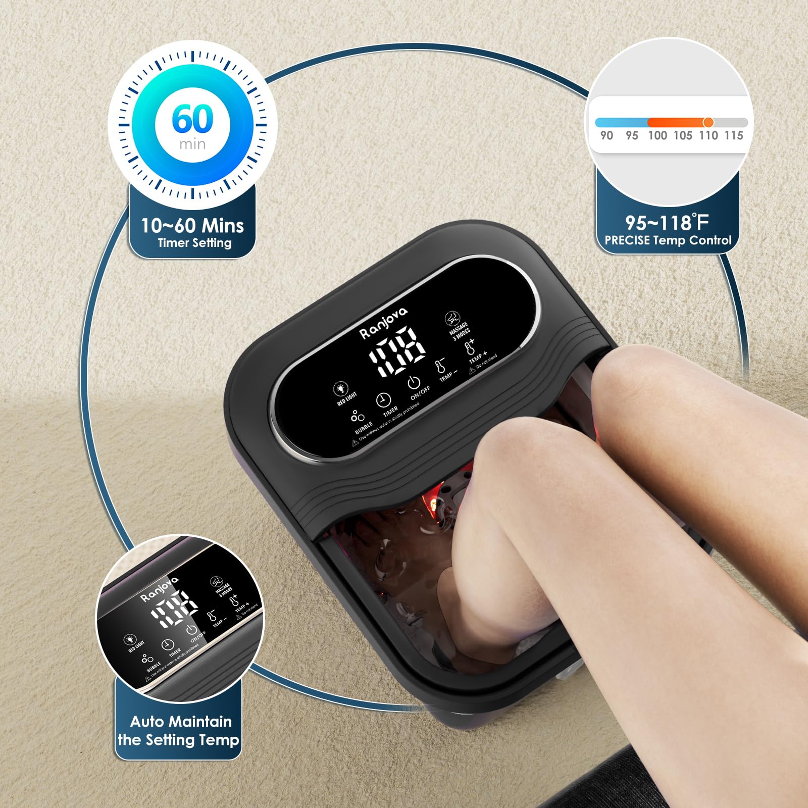 Baño de Pies Ranjova Eléctrico con Masaje Giratorio y Burbujas, Plegable con Calor y 24 Bolas de Shiatsu Motorizadas