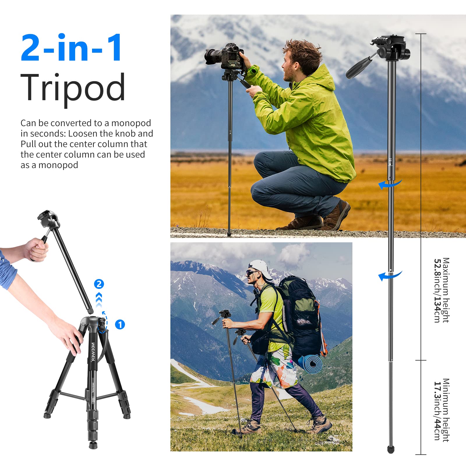 Trípode Monopié NEEWER Negro 177 cm de Aluminio con Cabezal Giratorio para DSLR Cámara DV Videocámara