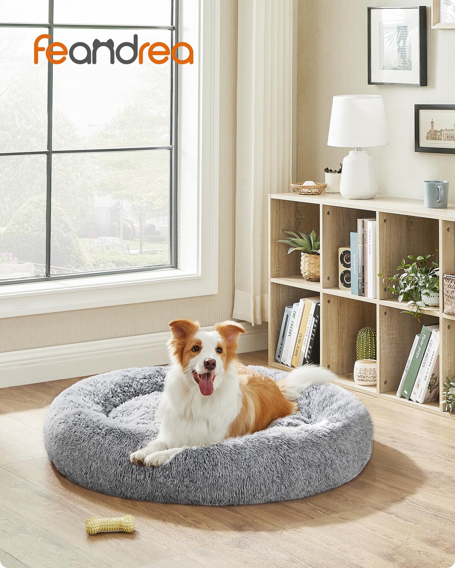 Feandrea Cama de Perros, Cama para Mascotas, Diámetro de 100 cm, Cojín Central Extraíble y Lavable, Alfombra de Felpa, Gris Ombré MPGW042G01