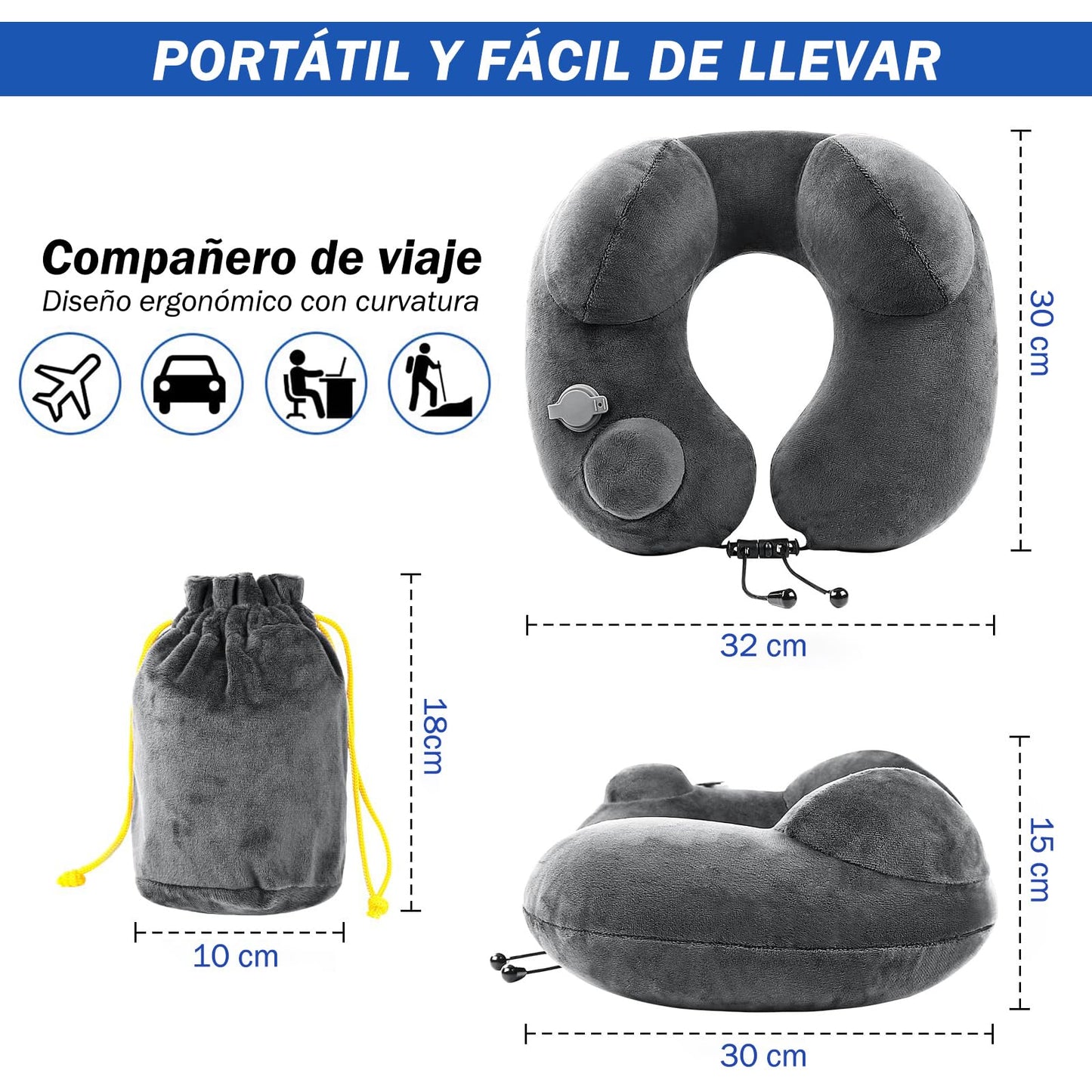 GuDoQi Almohada de Viaje Hinchable, Inflable Cojin Cervical Viaje con Tapón de Oídos, Máscara de Ojos, Cordón Ajustable, Cojin de Viaje Cuello para Avión, Coche, Oficina