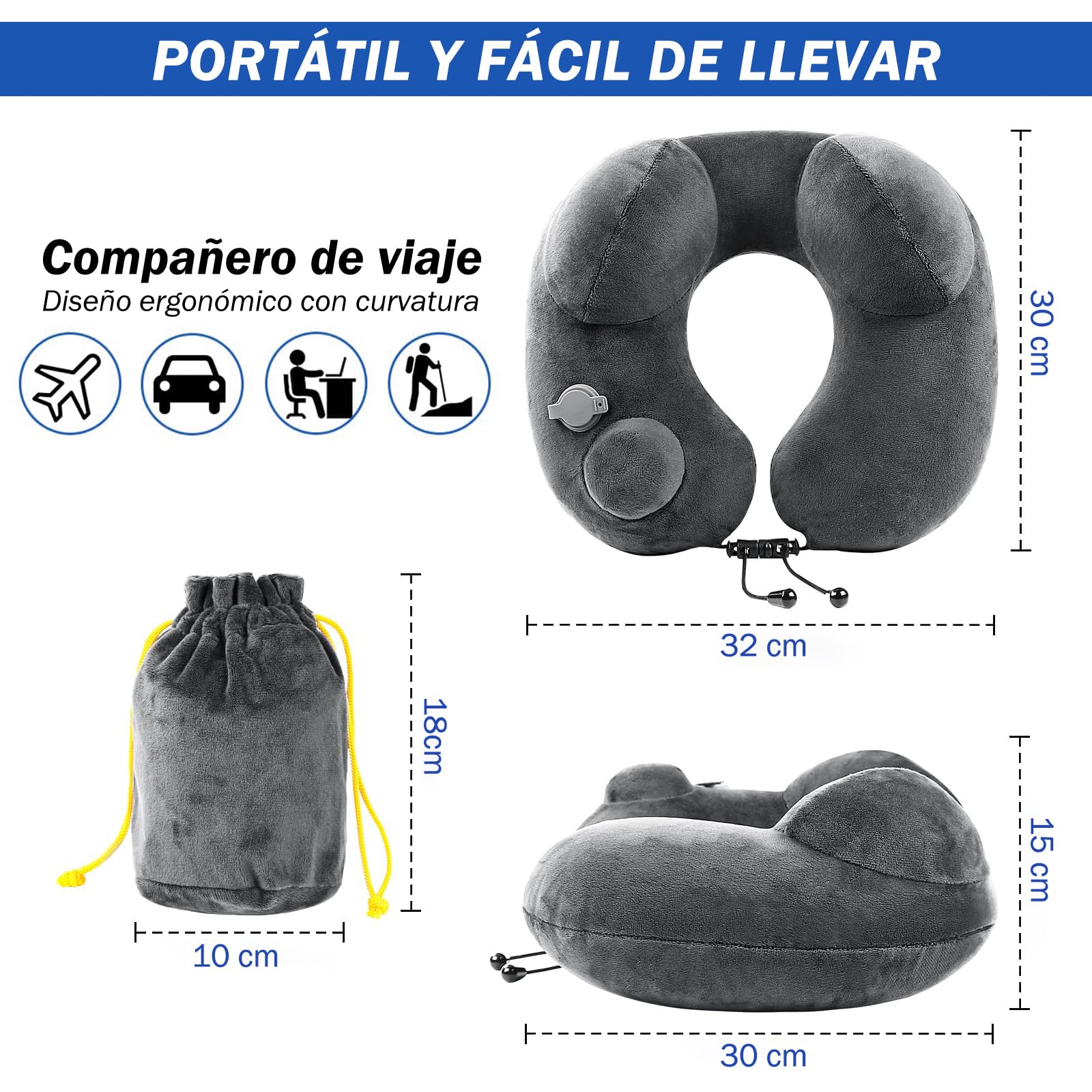 GuDoQi Almohada de Viaje Hinchable, Inflable Cojin Cervical Viaje con Tapón de Oídos, Máscara de Ojos, Cordón Ajustable, Cojin de Viaje Cuello para Avión, Coche, Oficina
