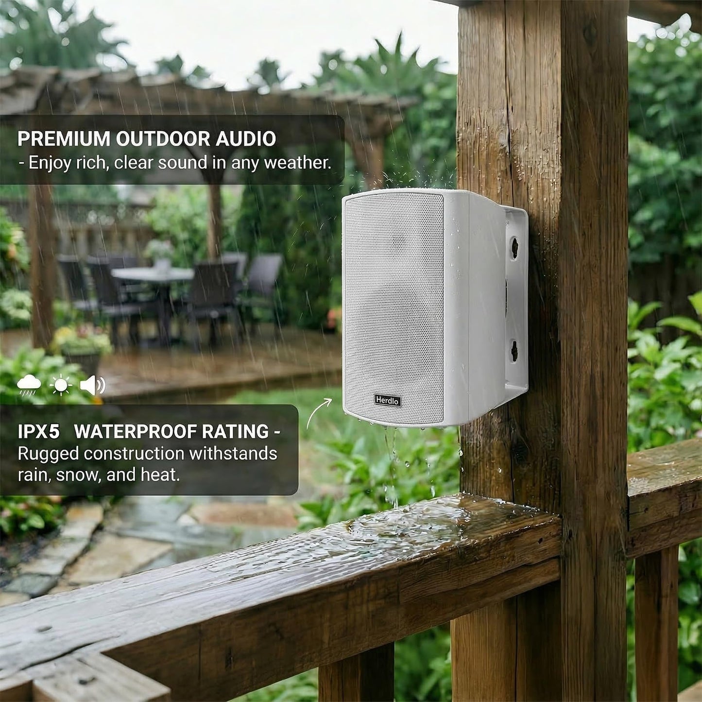 Herdio 6.5" 400W MAX Power Wall Mount Outdoor Bluetooth Speakers, Be Waterproof and Able to Wireless Multi-Connection Up to 20 Units for Patio/Porch/Balcony (White, 2-Pack)