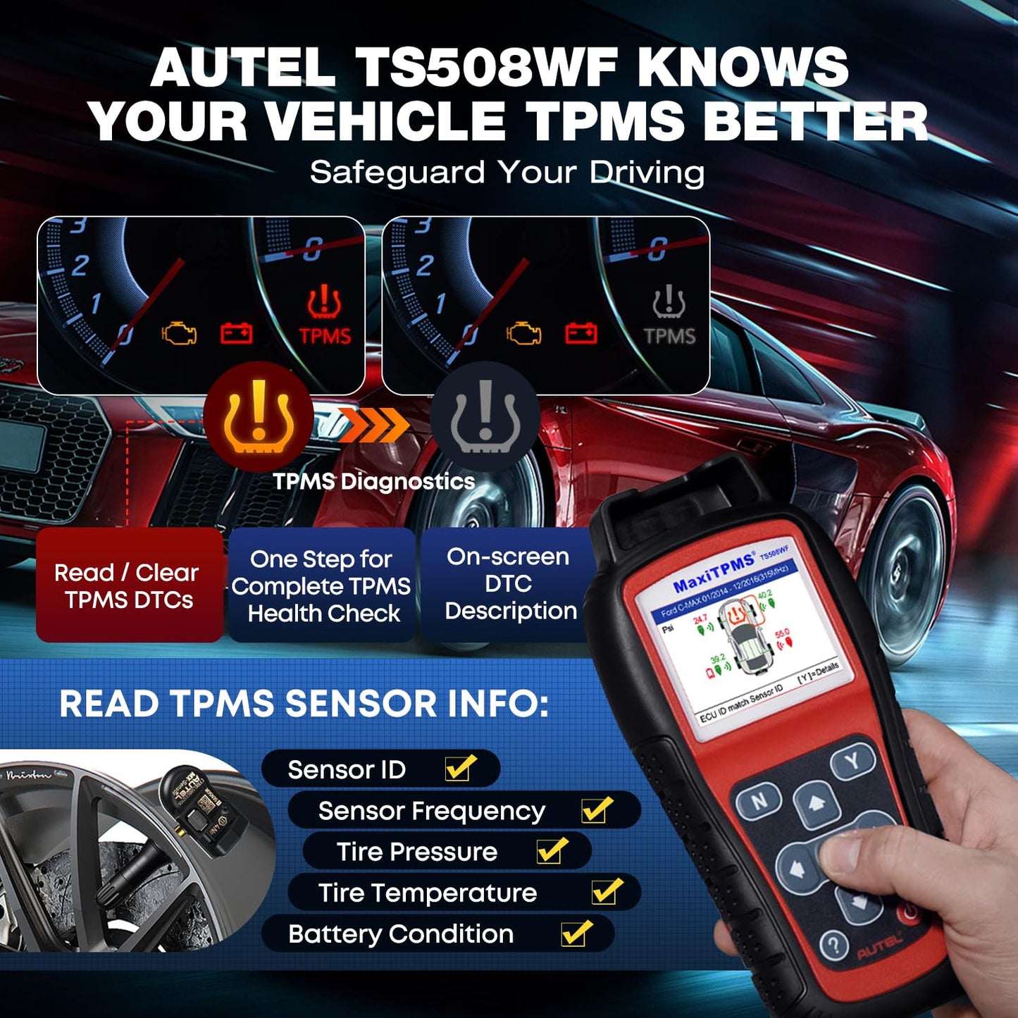 Autel MaxiTPMS TS508WF KIT, 2025 TPMS Herramienta de reinicio de programación con 4 sensores Autel MX ($120), WiFi Ver. TS601 TS508 TS501 PRO, Relearn/Activate All TPMS Sensor, TPMS Restablecer,