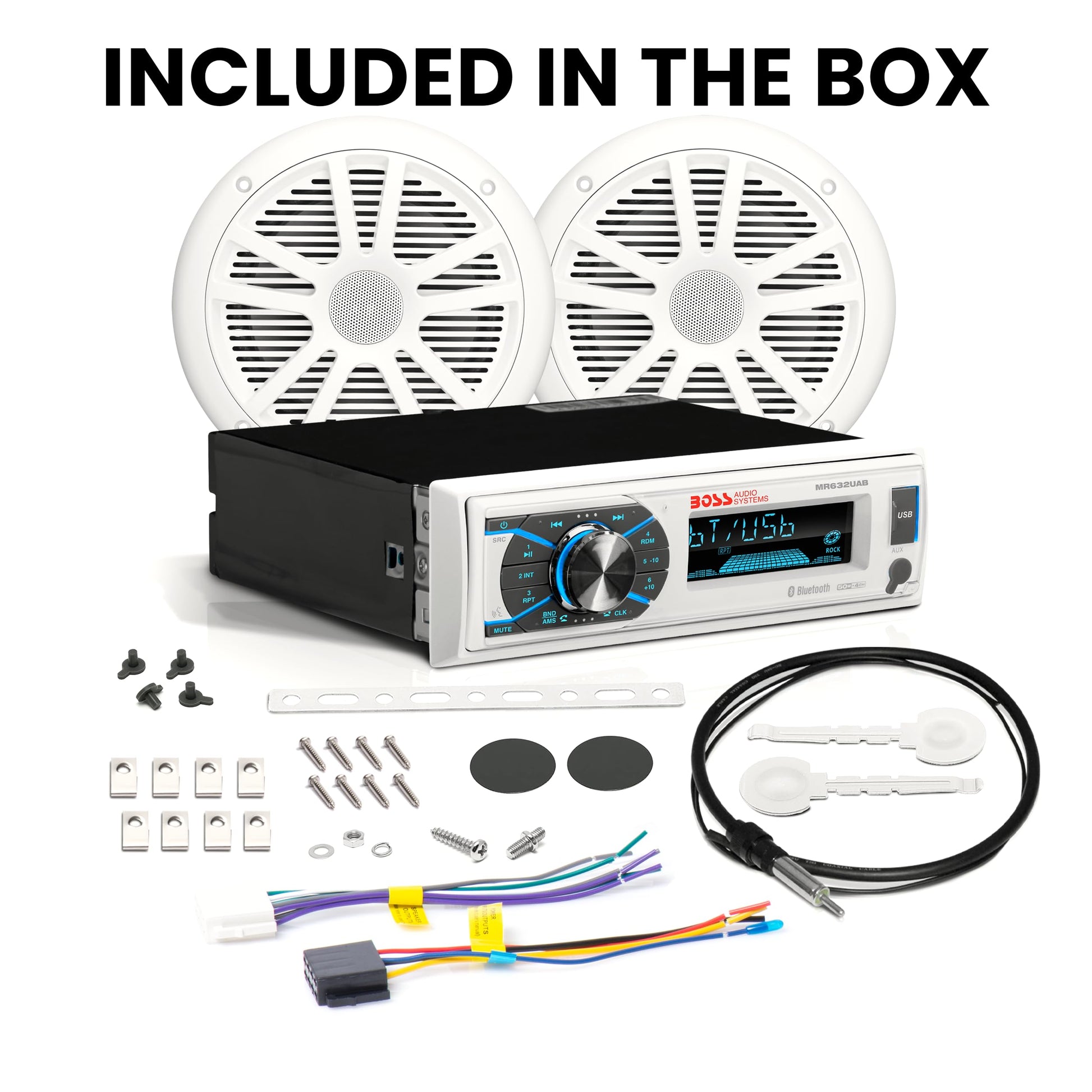 BOSS Audio Systems MCK632WB.6 - Receptor y altavoz marino resistente a la intemperie - Bluetooth Audio, USB, MP3, AM FM, entrada auxiliar, sin reproductor de CD, altavoces de 6,5 pulgadas resistentes a la intemperie, antena dipolo marino