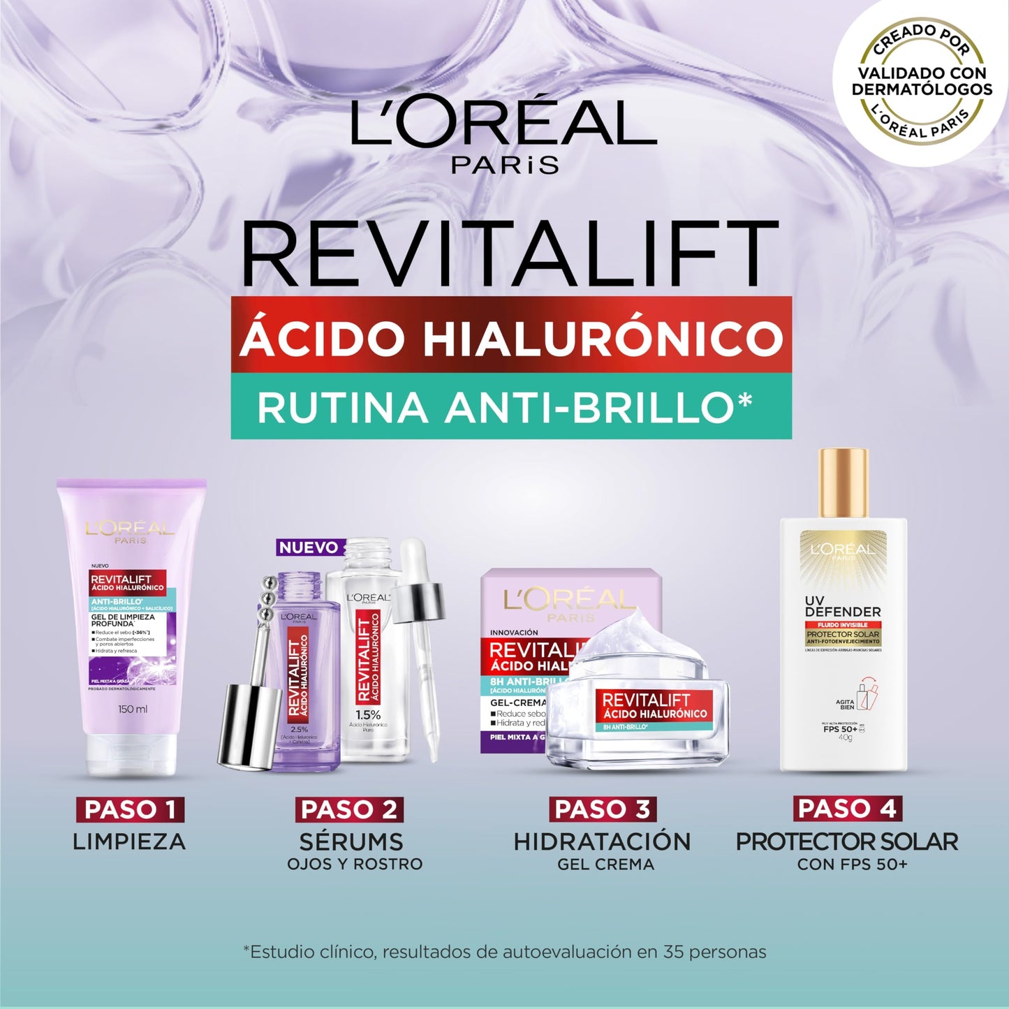 Kit L'Oreal Paris Skincare Serum Facial ácido hialurónico + Crema en Gel Revitalift ácido hialuronico + UV Fluid, protector solar sin color fps50
