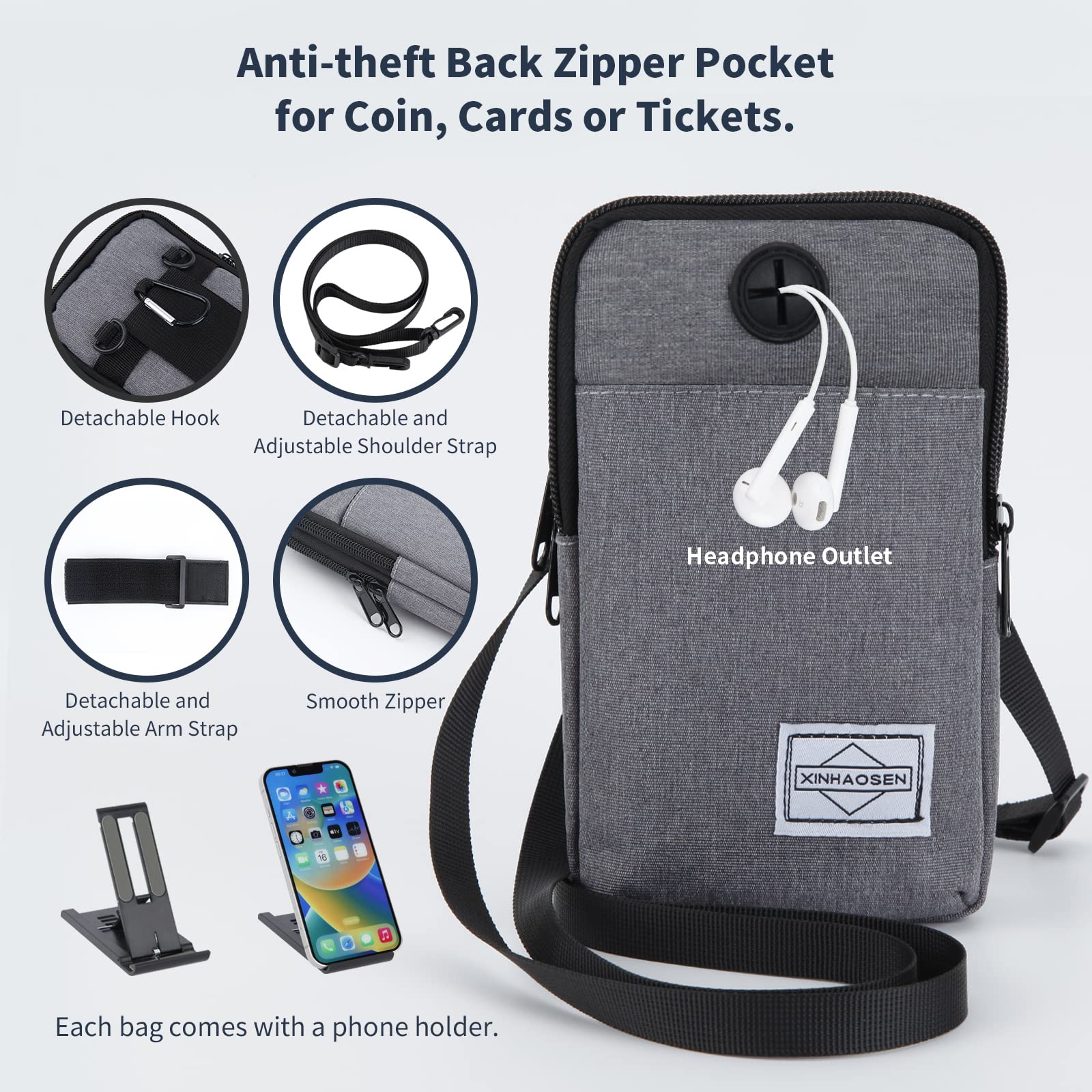 HOTEMIA - Bolso bandolera para teléfono celular, bolsa de viaje con correa de hombro extraíble, Negro -, Una talla, Deportes