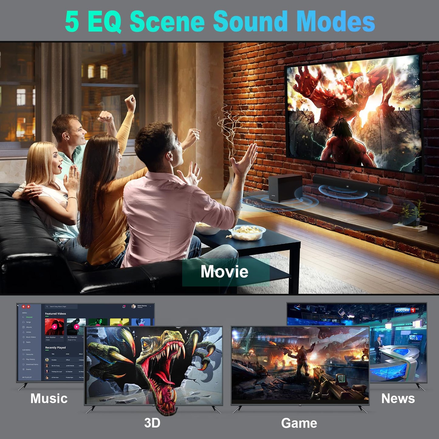 Barras de sonido para TV con subwoofer, 2.1 graves profundos 80 W altavoces de rango completo, visualización LED, bajos ajustables, HDMI/USB/AUX, Bluetooth 5.3 TV Soundbar sistema de audio de cine en