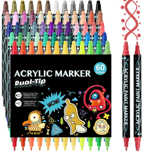 CROSPIN 60 Colores Plumones Acrilicos Doble Punta, Rotuladores de Pintura Acrílica, Marcadores Acrilicos de Pintura Premium para Pintura Vidrio, Tela, Kit de Calabazas, Manualidades Diy