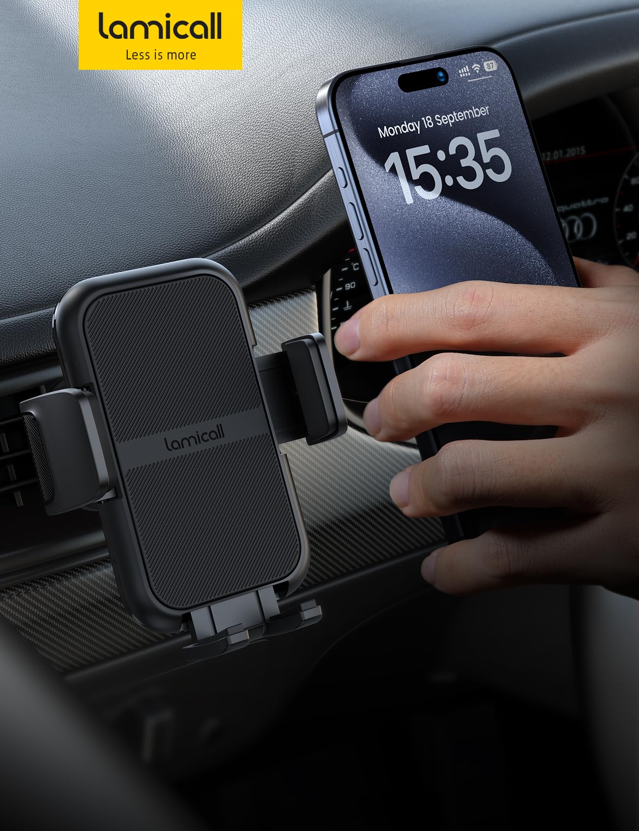 Lamicall Soporte Celular Auto - [Compatible con Fundas Gruesas] Abrazadera más Ancho y Gancho Metálico, Porta Celular Auto Base para Celular Automovil Carro Car Compatible con Todos Celular