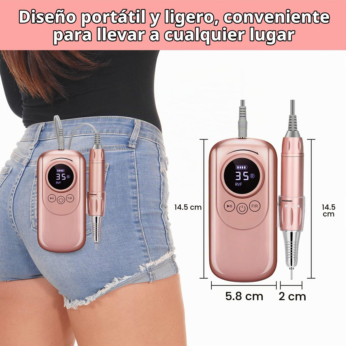 Taladro de Uñas Recargable Portátil 35000 RPM con Lima E y Brocas para Manicura y Pedicura