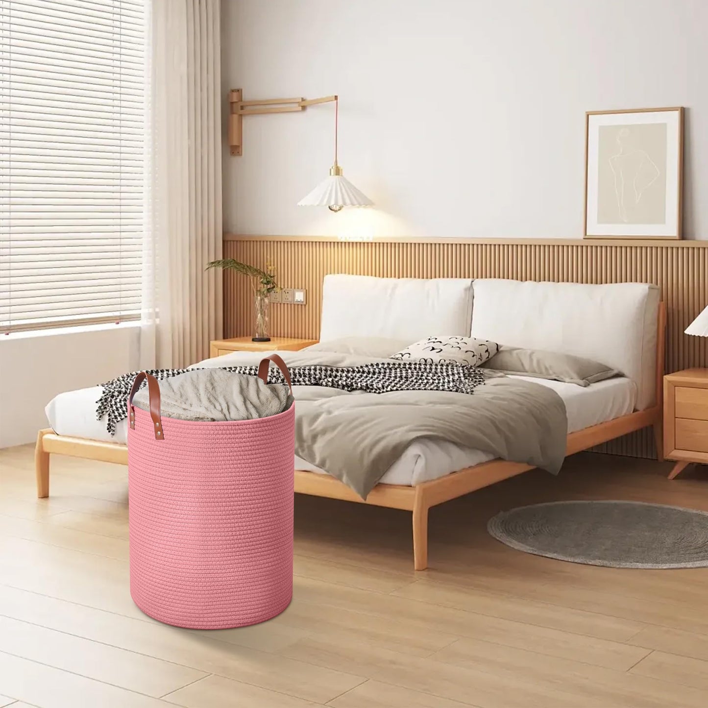 Wymulot - Cesta grande de cuerda de 80 l, cesta de almacenamiento de cuerda tejida con asas de piel, cesta de almacenamiento de juguetes para perros, recámara, almacenamiento de manta de guardería,