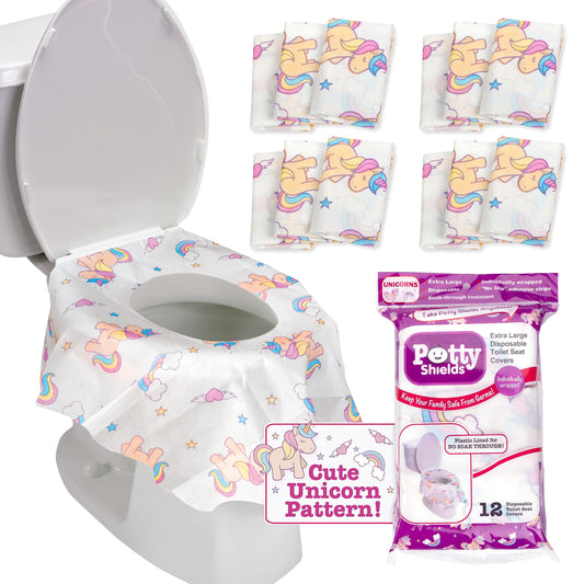 Fundas desechables para asiento de inodoros, para niños y adultos, en paquete individual, para viajes, entrenamiento para ir al baño, baños públicos, (12 unidades, unicornios), impermeable XL