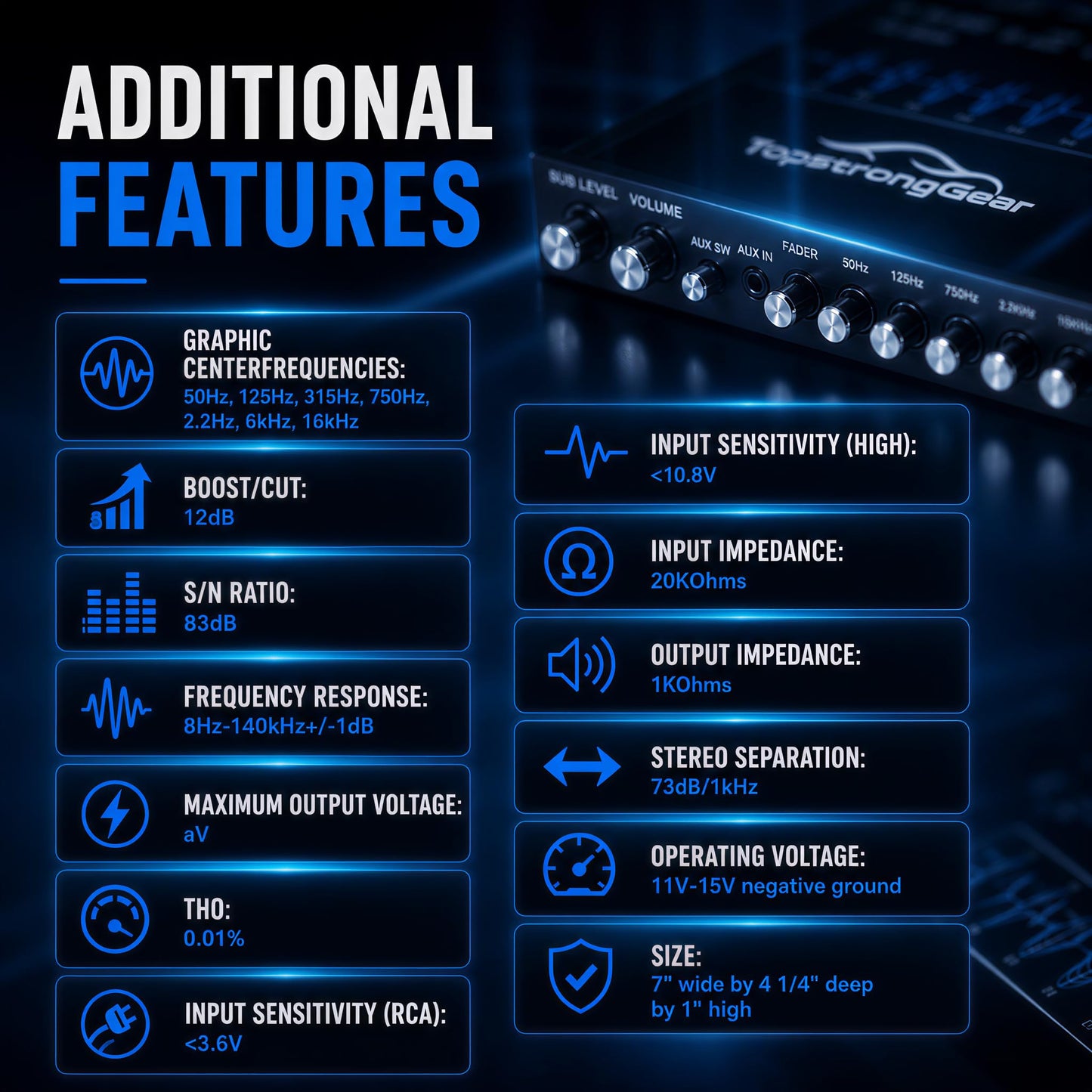 TOPSTRONGGEAR TSG7EQ - Ecualizador gráfico de audio de coche de 7 bandas con entrada auxiliar frontal de 3,5 mm, salidas RCA de alto voltaje y entradas de altavoz de alto nivel