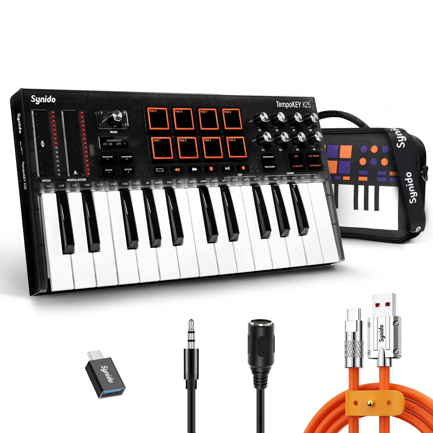 Teclado MIDI USB Synido Negro con Visualización OLED y Almohadillas de Tambor para Producción de Música