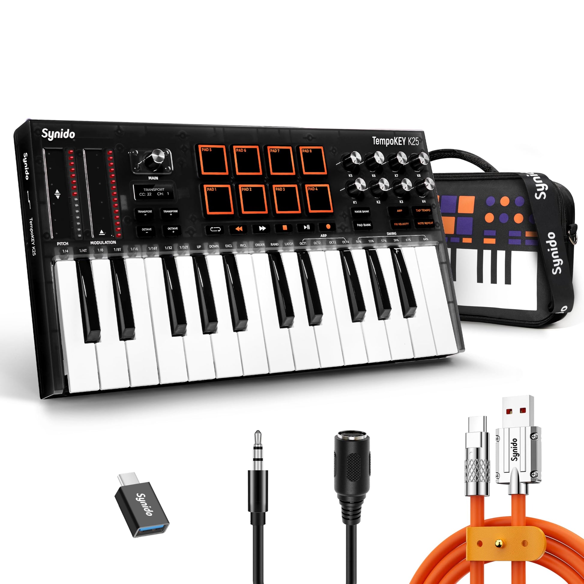 Teclado MIDI USB Synido Negro con Visualización OLED y Almohadillas de Tambor para Producción de Música
