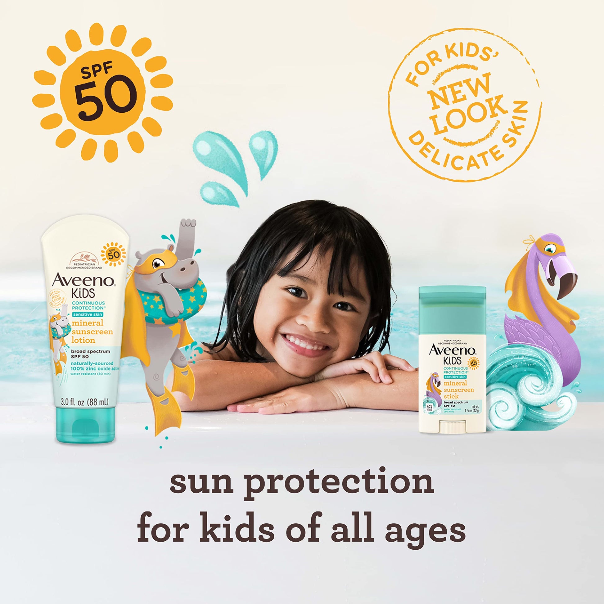 Aveeno Kids Continuous Protection Zinc Oxide Mineral Sunscreen Lotion for Children's Sensitive Skin with Broad Spectrum SPF 50, Tear-Free, Sweat- & Water-Resistant, 3 fl. oz