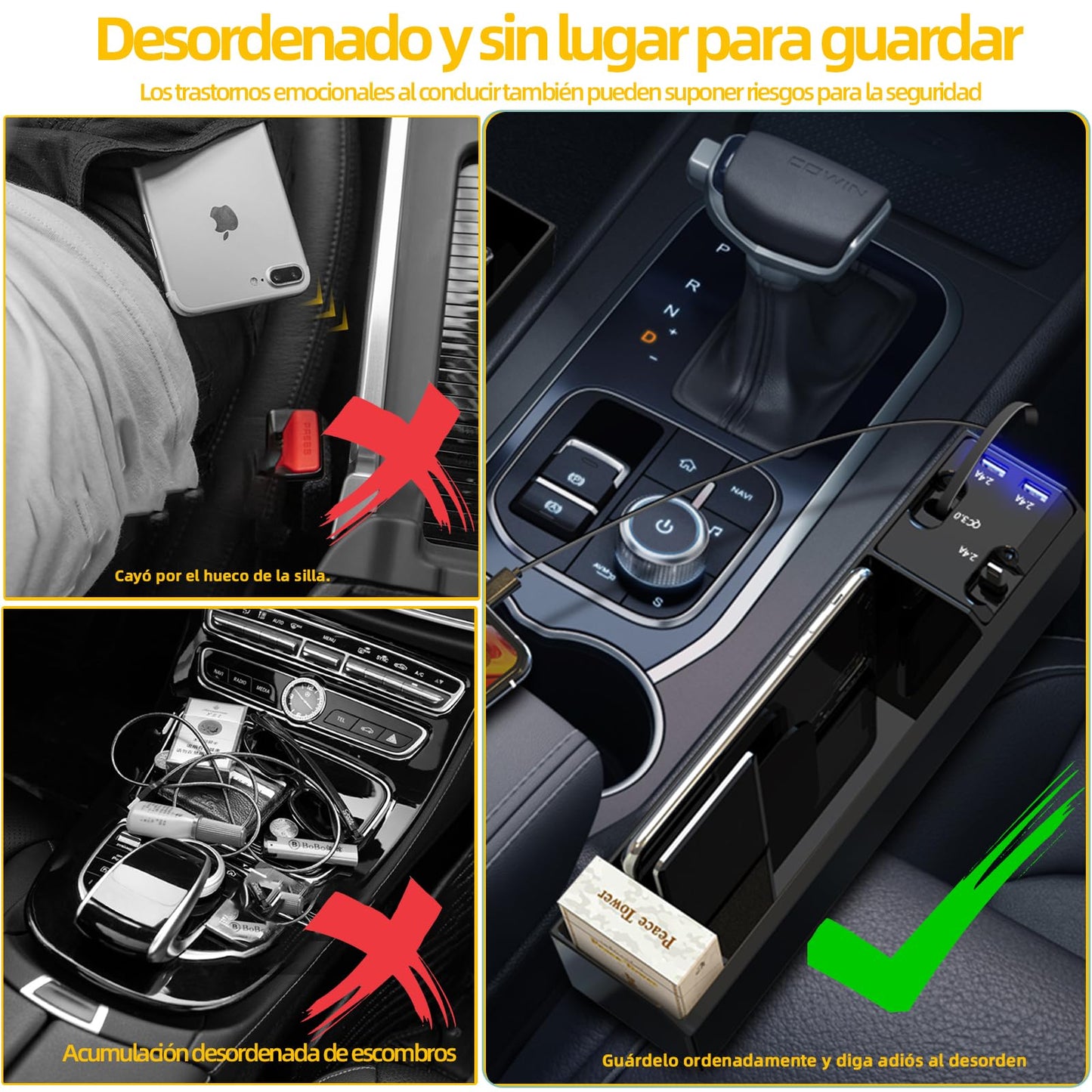 Relleno de Espacio para Asiento de Coche,Asiento Organizador del Coche Con QC3.0 puerto de carga rápida, Equipado con interfaz USB y IOS、Type-C、Android cable de carga,uardar de Teléfonos Llaves etc.